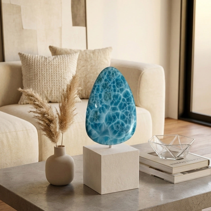 Polished blue Larimar gemstone displayed on a white pedestal in a modern living room