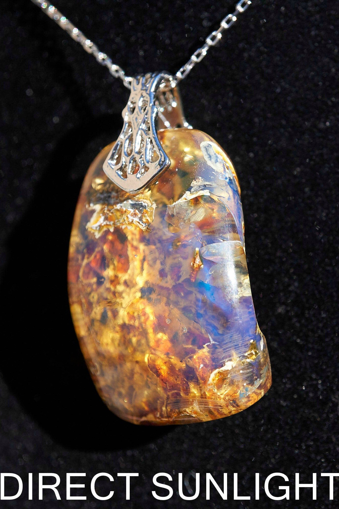 Authentic Dominican Blue Amber Cabochon Pendant | Silver - Larimar Creations