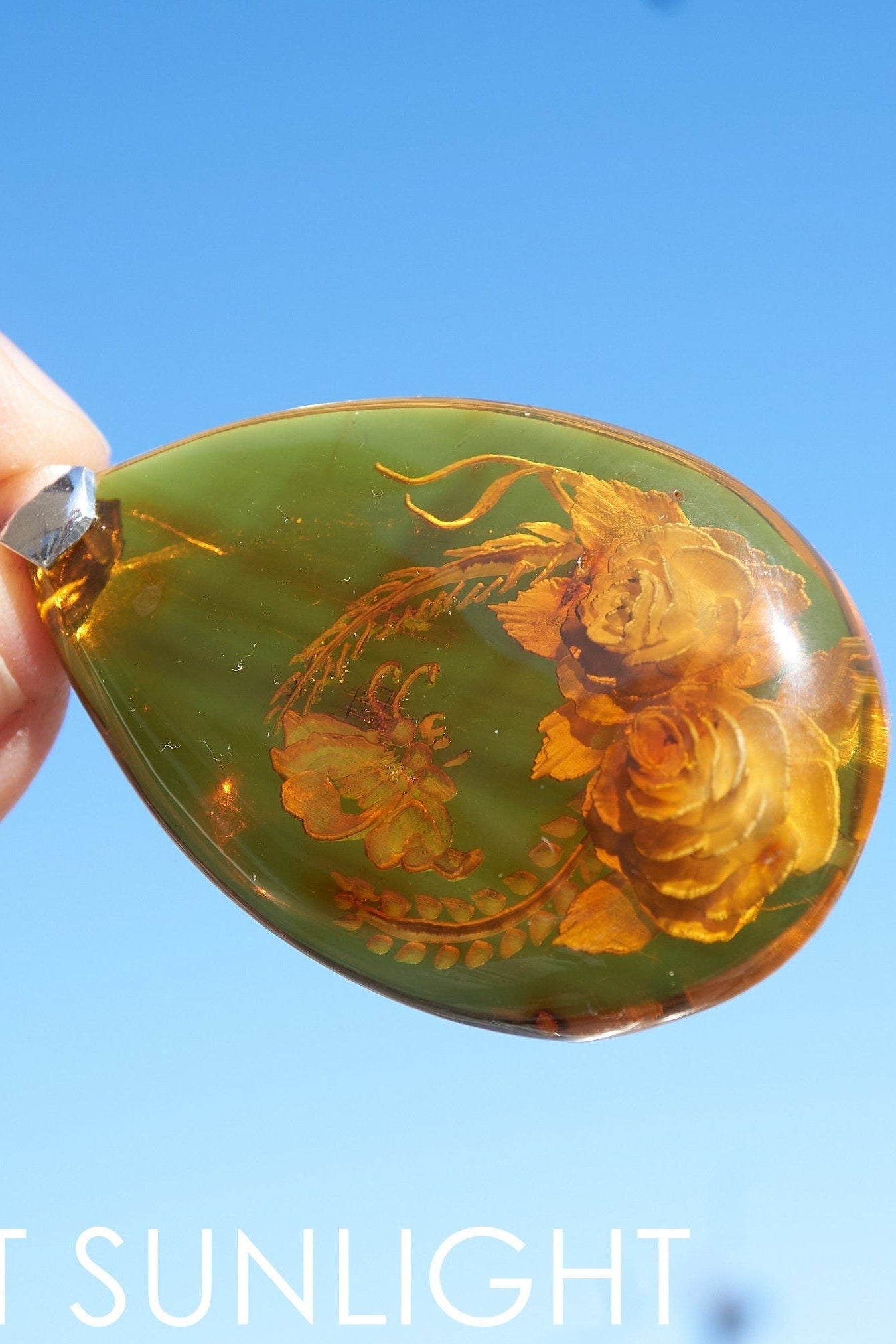 Authentic Dominican Green Amber Flower Pendant | 13.8 g Carving - Larimar Creations