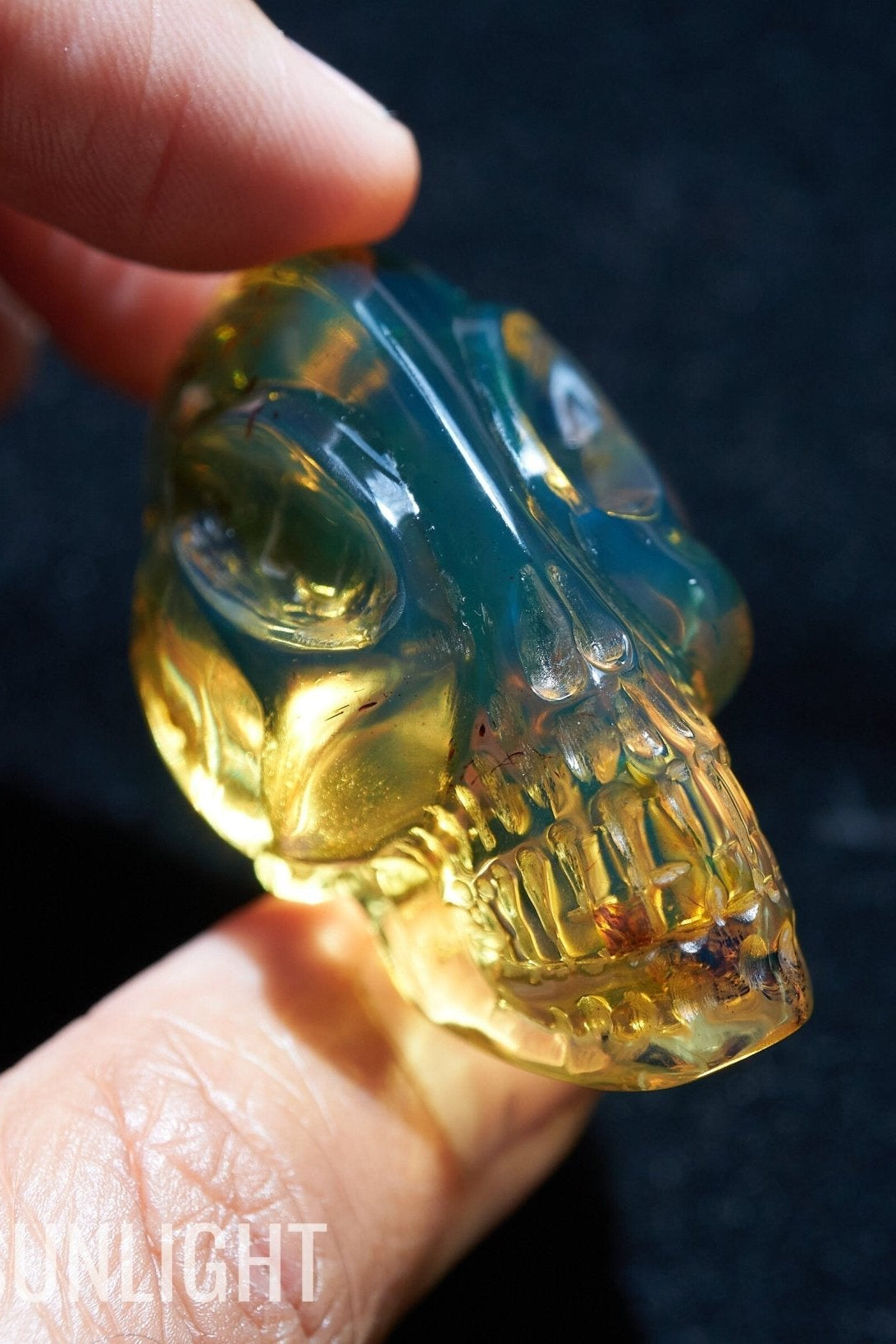 Authentic Green - Blue Dominican Amber Alien Skull | Hand - Carved Collectible - Larimar Creations