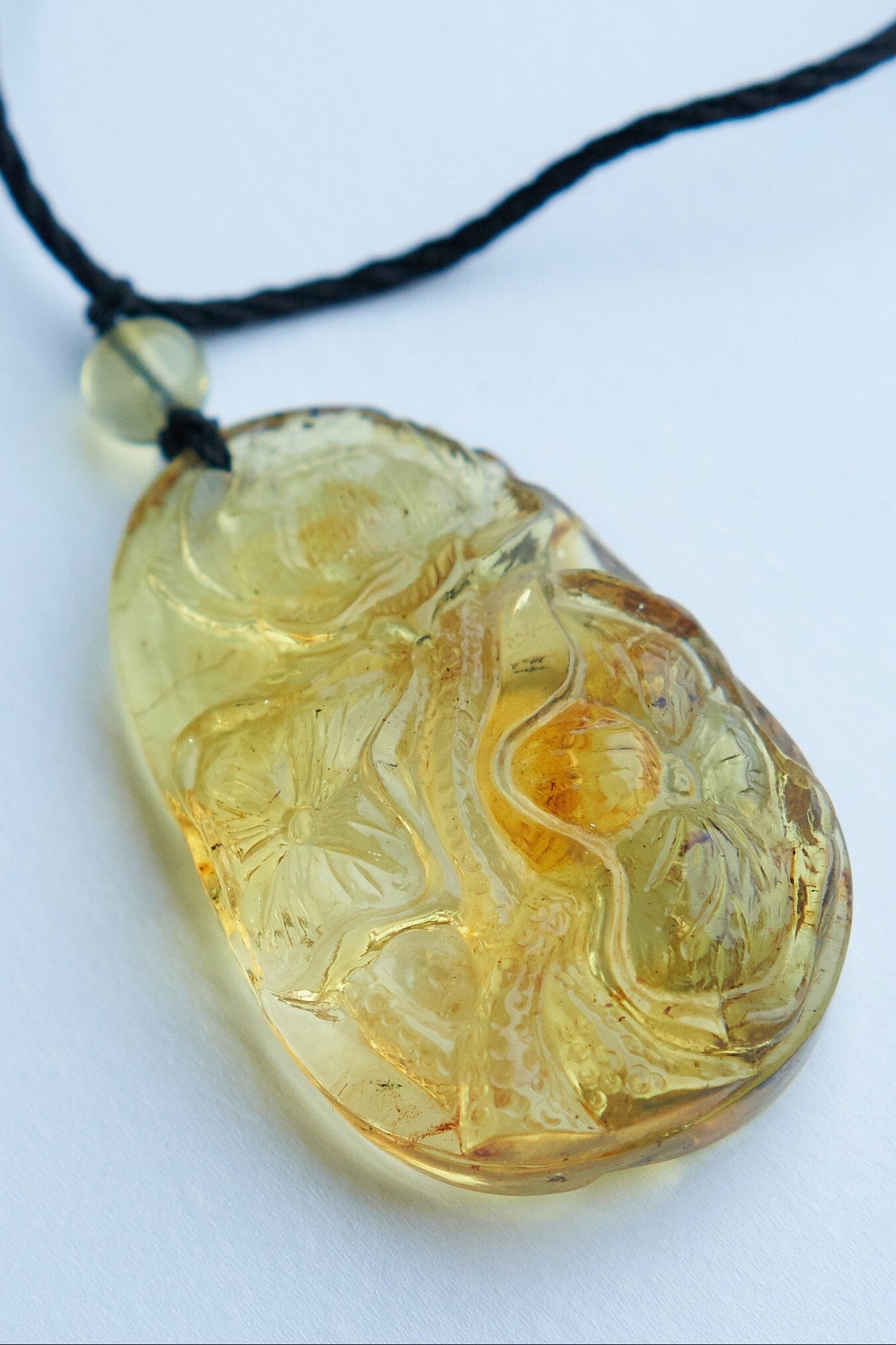 Blue Amber Dominican Carving Lotus Flowers Pendant - Larimar Creations