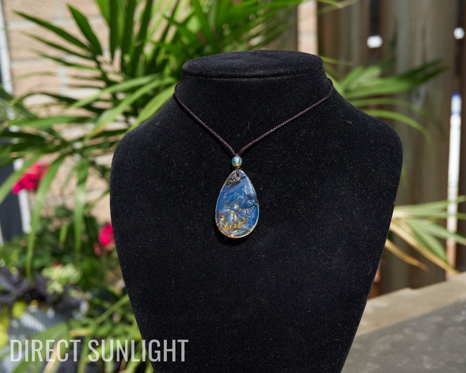 Blue Amber Pendant - Dominican Flower Cabochon Carved - Larimar Creations