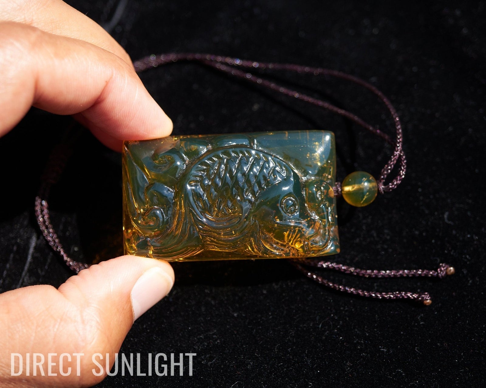 Dominican Amber Green Natural Amber Carving Koi fish Hand - Carved - Larimar Creations