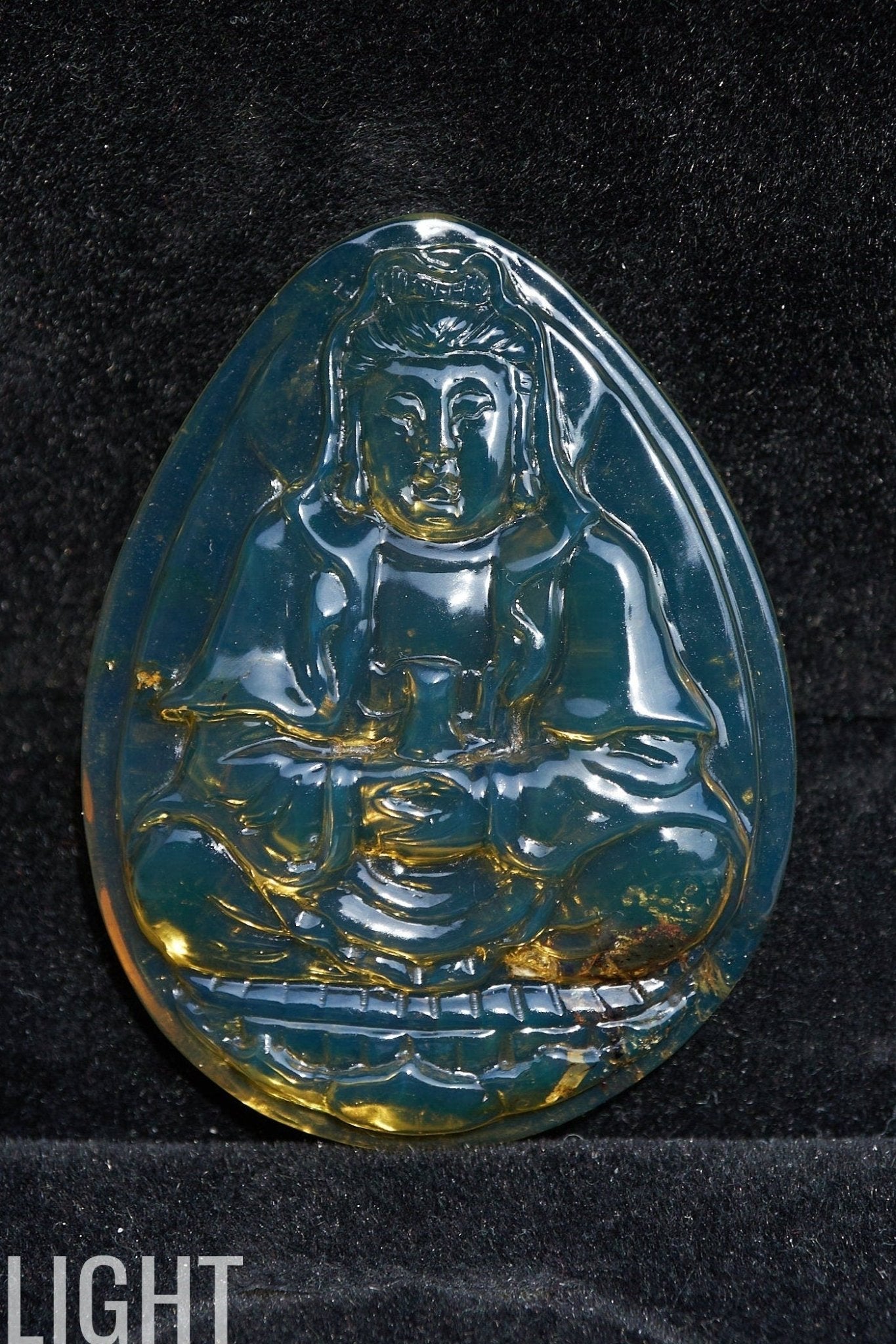 Dominican Blue Amber Buddha on Lotus Flower - 11g Authentic - Larimar Creations
