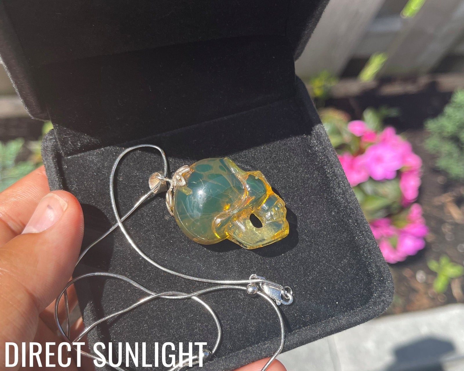 Dominican Green Amber Skull Carving - Realistic Necklace - Larimar Creations