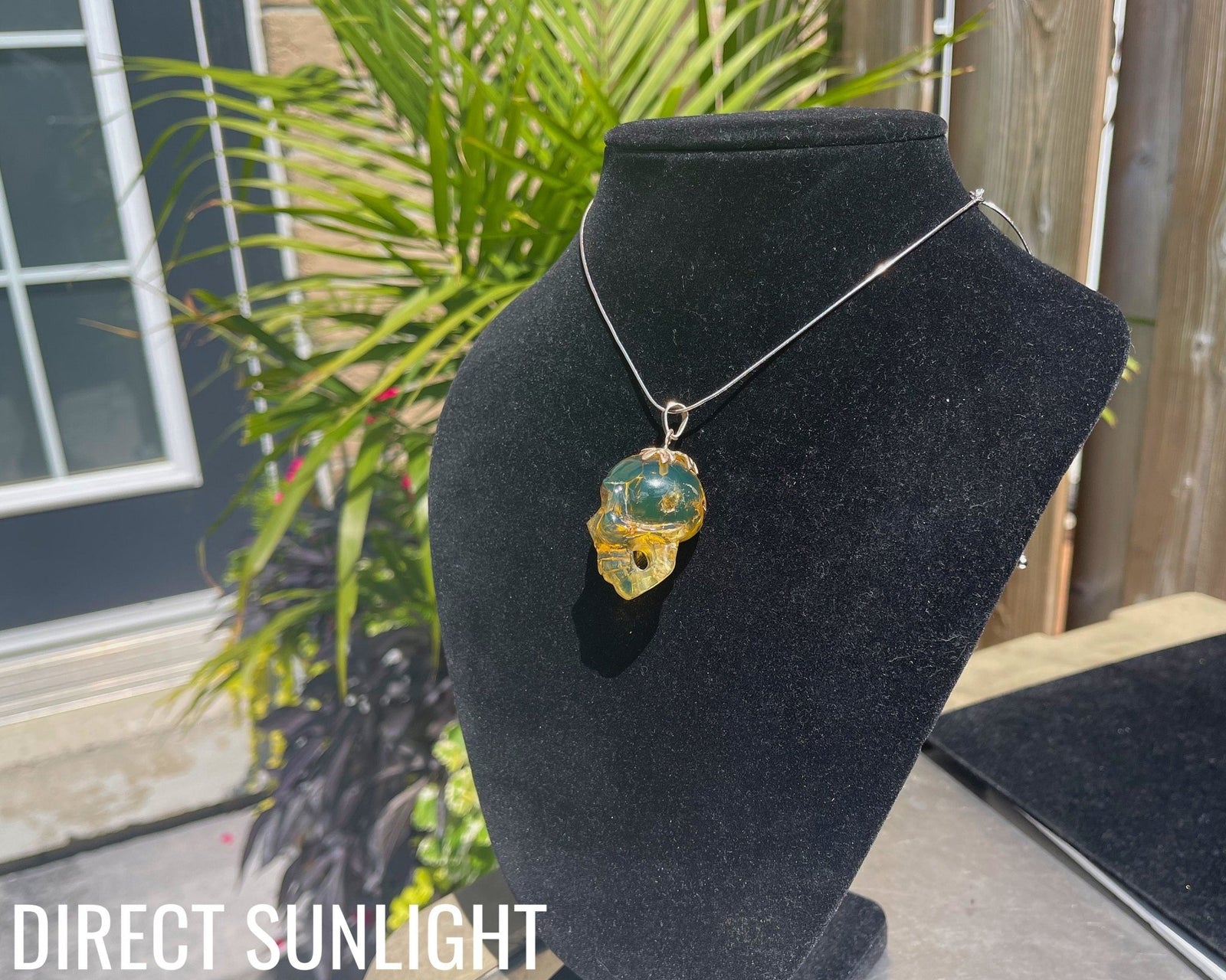 Dominican Green Amber Skull Carving - Realistic Necklace - Larimar Creations