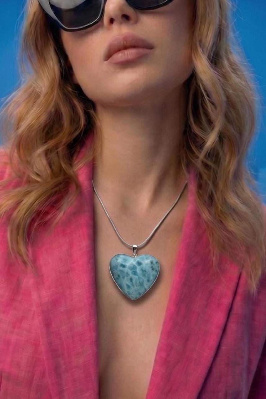 Extra Large Larimar Heart Pendant – 925 Sterling silver - Larimar Creations