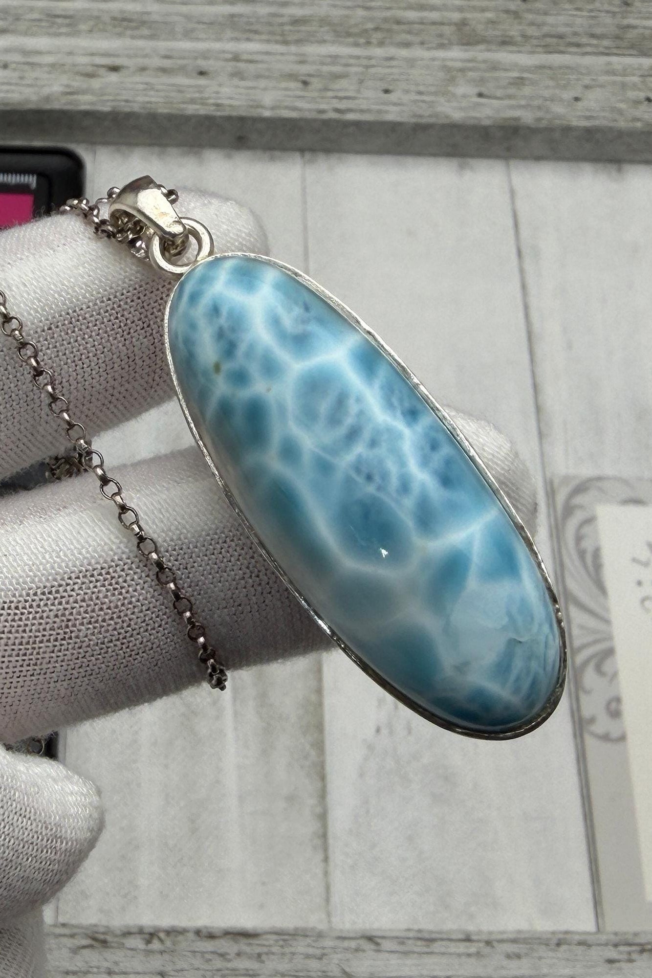 Sterling Silver Larimar Teardrop Pendant Necklace, Ocean Blue Gemstone Jewelry