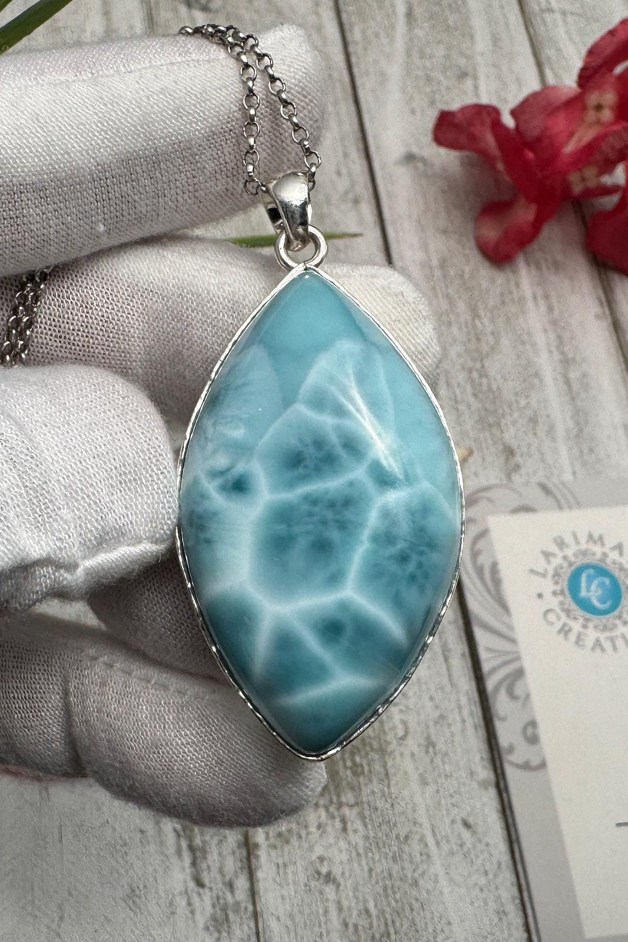 Natural Larimar Pendant 925 Sterling Silver Blue Dominican Gemstone Jewelry Handmade Healing Crystal Stone