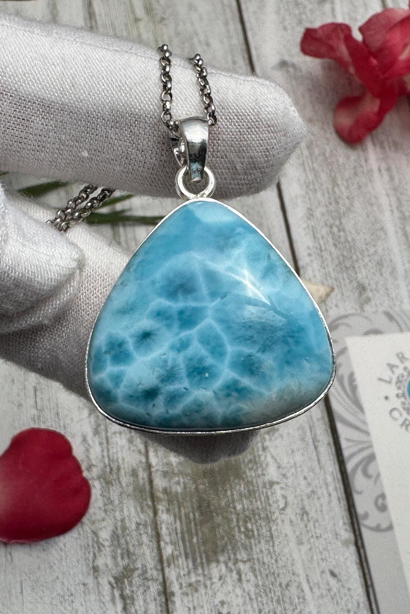 Large Triangle Larimar Pendant, 925 Sterling Silver, Dominican Blue Gemstone Necklace