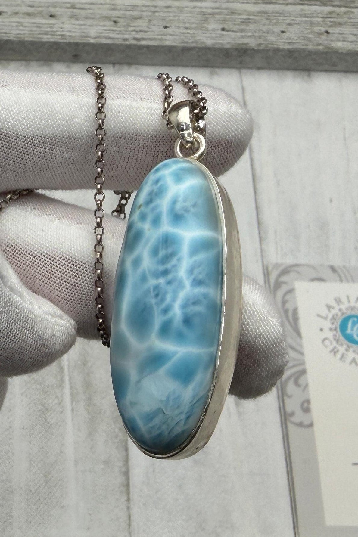 Sterling Silver Larimar Teardrop Pendant Necklace, Ocean Blue Gemstone Jewelry