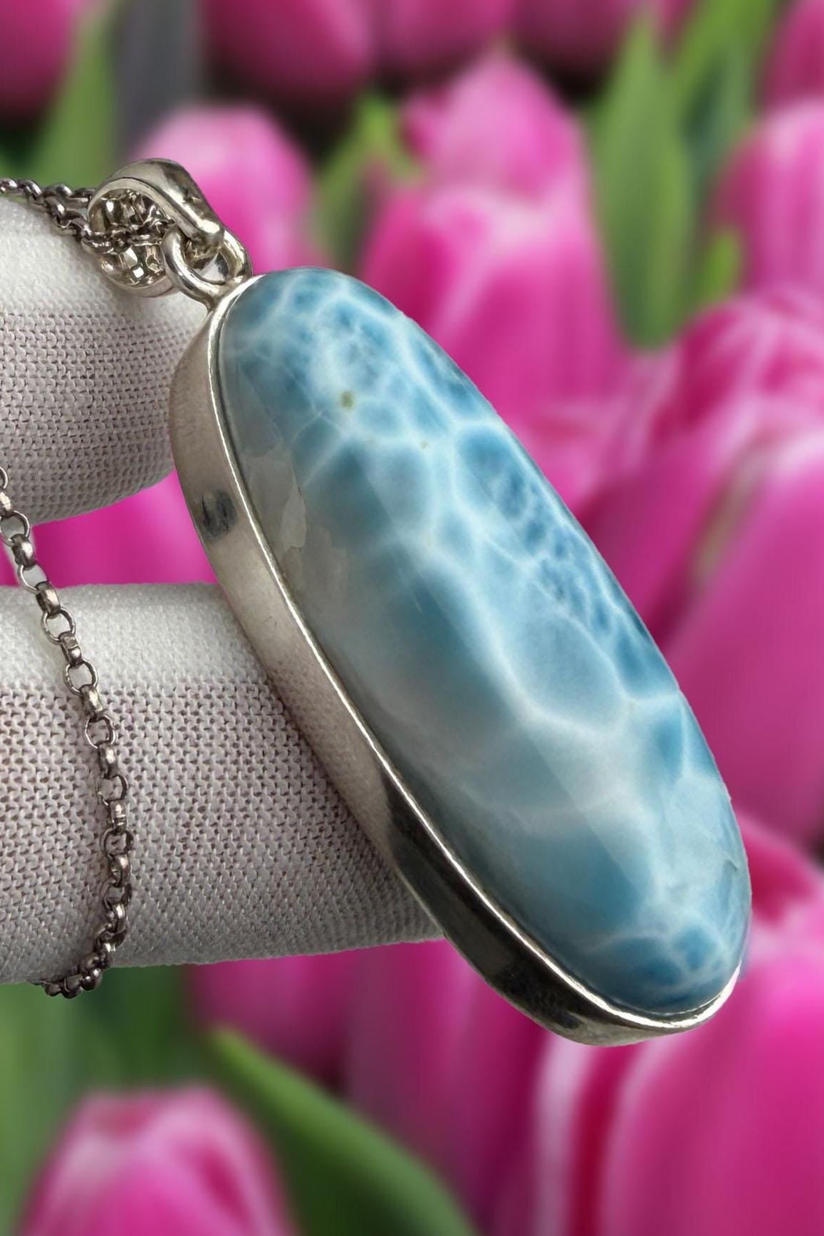 Sterling Silver Larimar Teardrop Pendant Necklace, Ocean Blue Gemstone Jewelry
