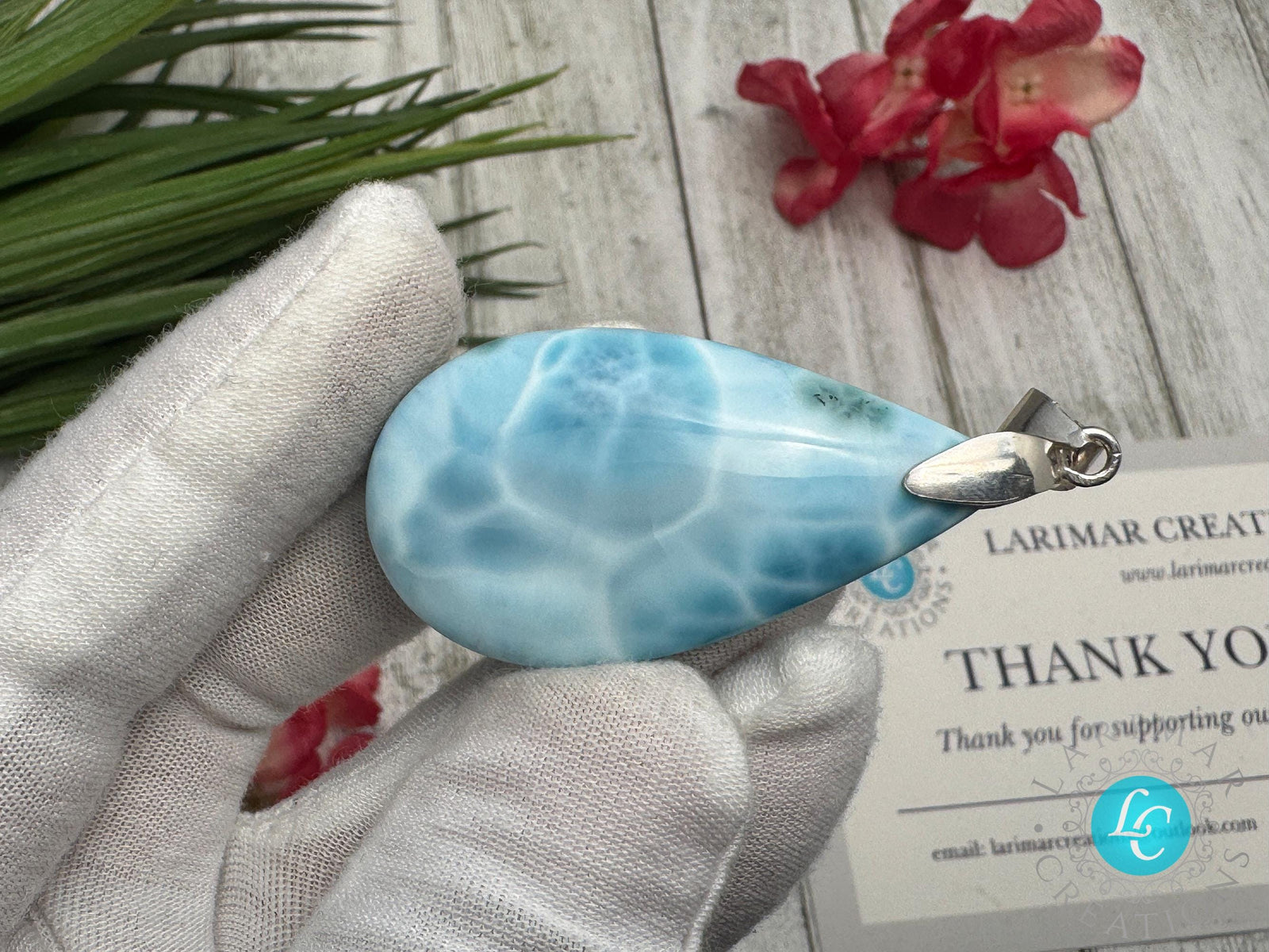 Large Larimar Sterling Silver Pendant Ocean Blue Gemstone Jewelry Healing Crystal