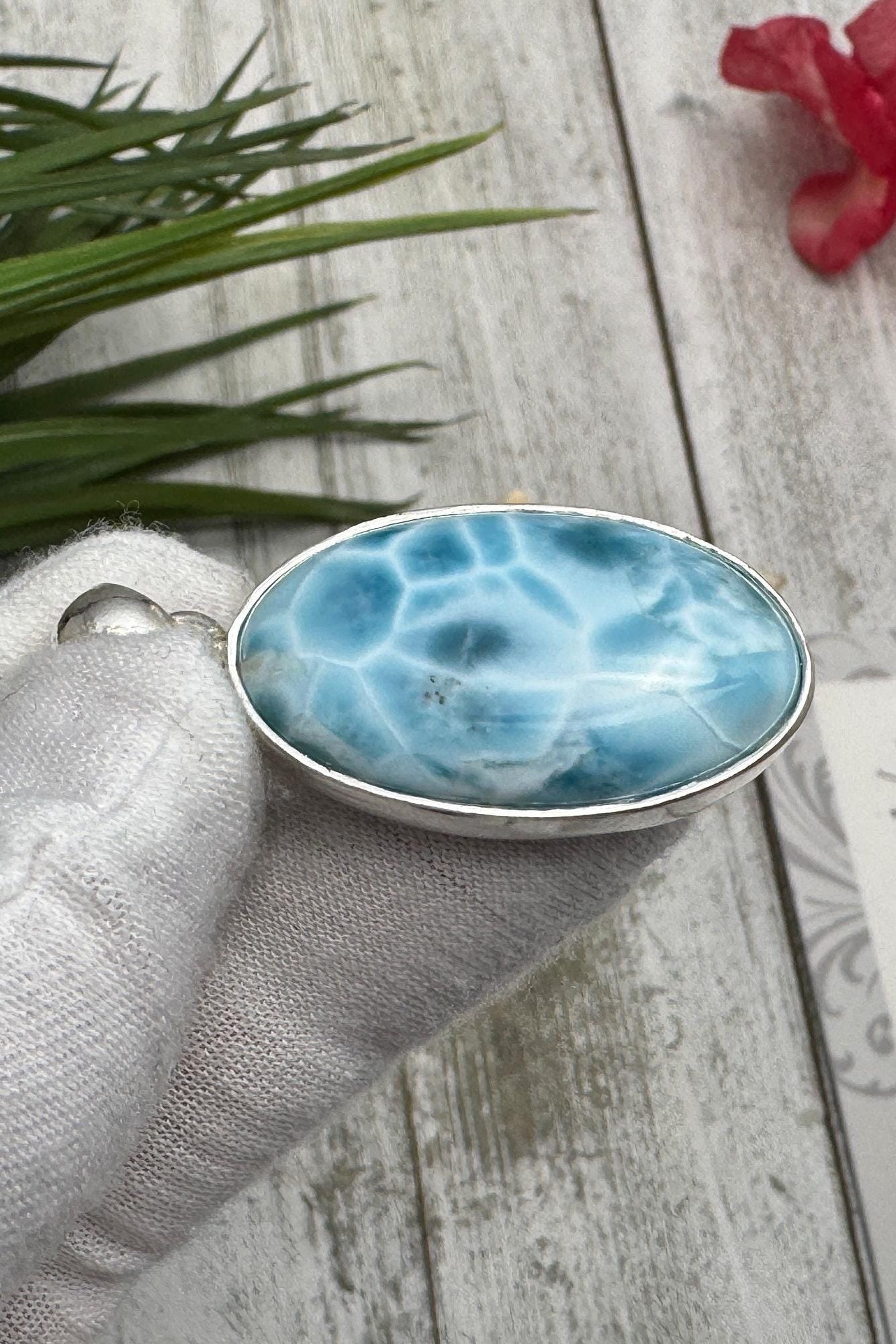 Oval Larimar Pendant Blue Gemstone Sterling Silver Handmade Dominican Stone Necklace Jewelry