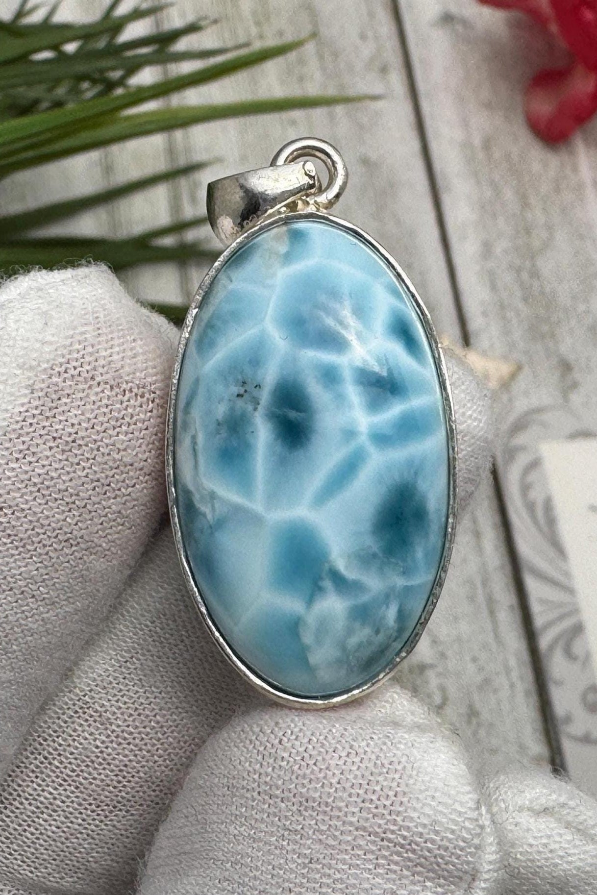 Oval Larimar Pendant Blue Gemstone Sterling Silver Handmade Dominican Stone Necklace Jewelry