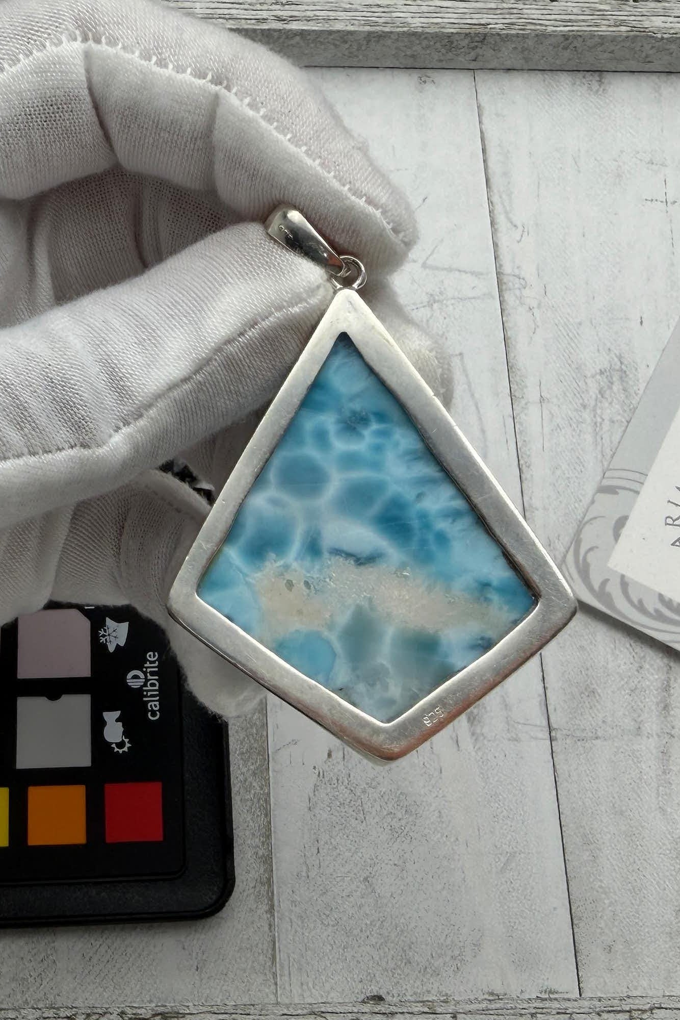 Larimar Pendant Double-Sided Polished 925 Sterling Silver Teardrop Necklace Dominican Gemstone Jewelry