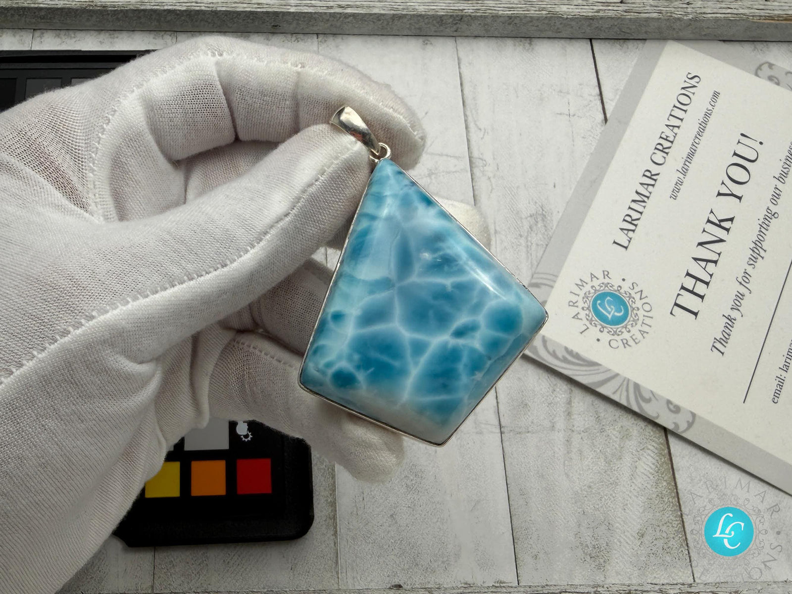Larimar Pendant Double-Sided Polished 925 Sterling Silver Teardrop Necklace Dominican Gemstone Jewelry