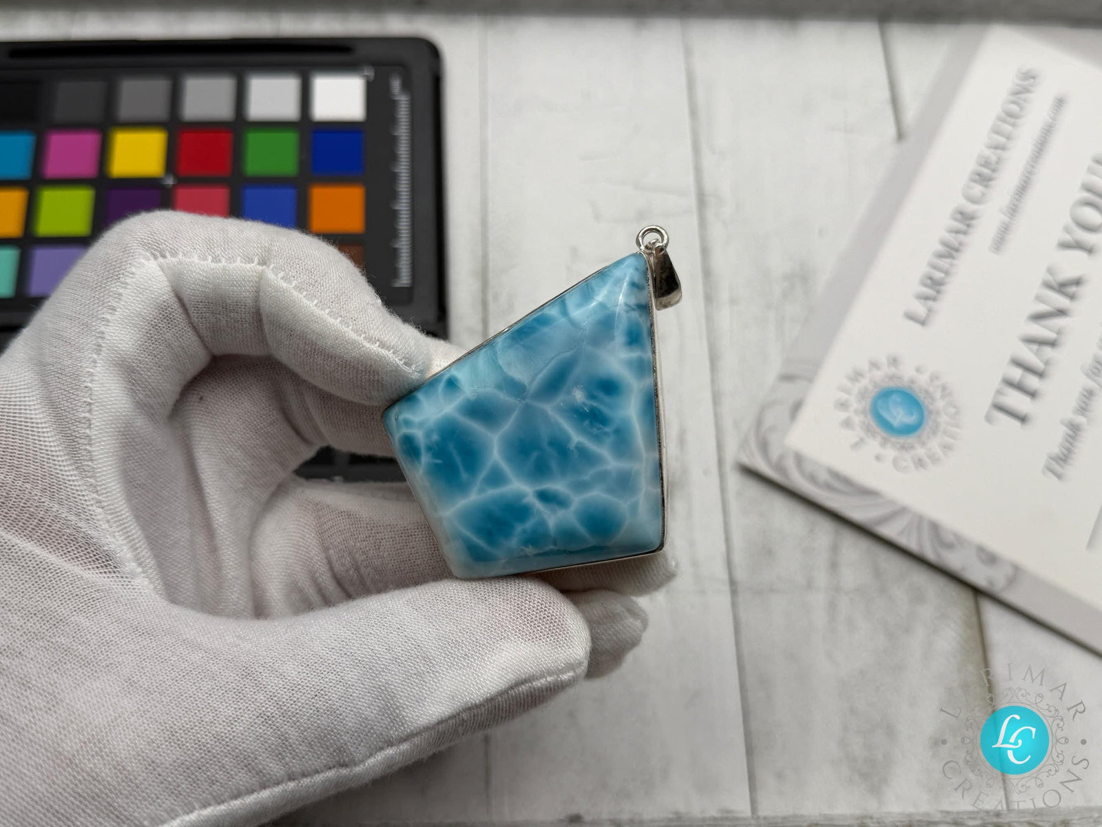 Larimar Pendant Double-Sided Polished 925 Sterling Silver Teardrop Necklace Dominican Gemstone Jewelry