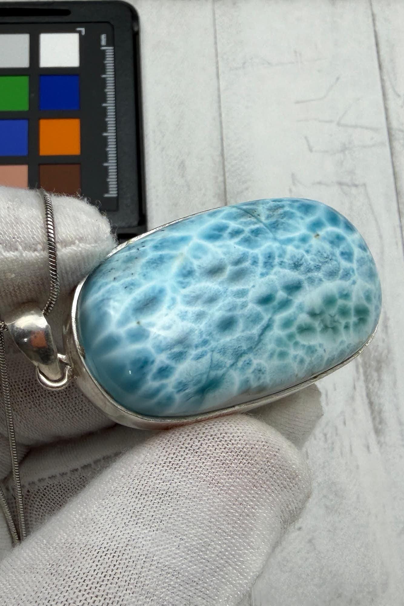 Large AAA Dominican Larimar Pendant, Sterling Silver Statement Jewelry, Ocean Blue Sea Stone