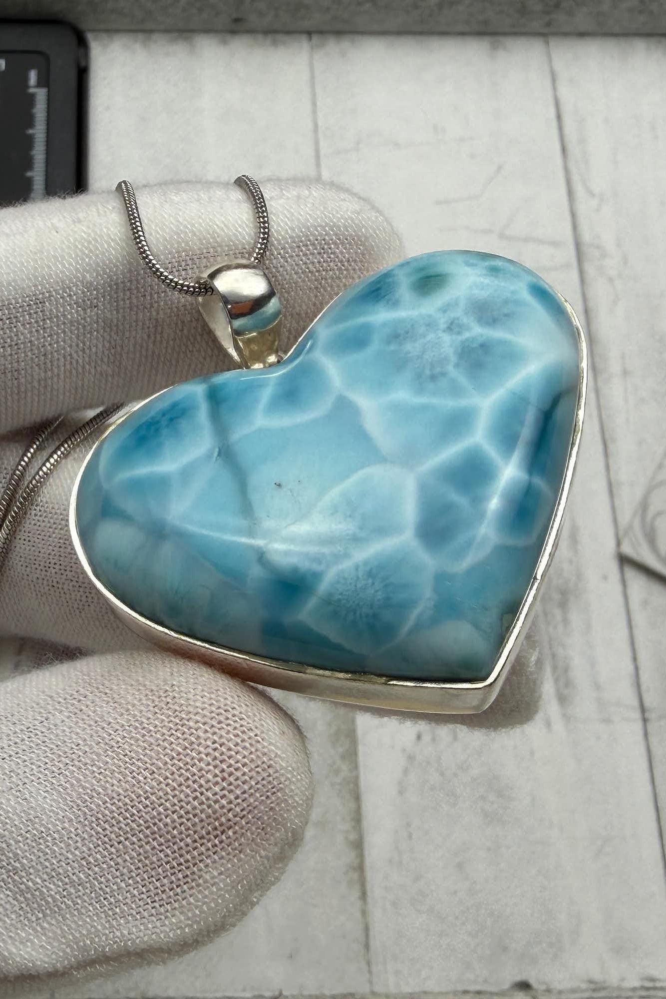 Large Larimar Heart Pendant, 925 Sterling Silver - Larimar Creations