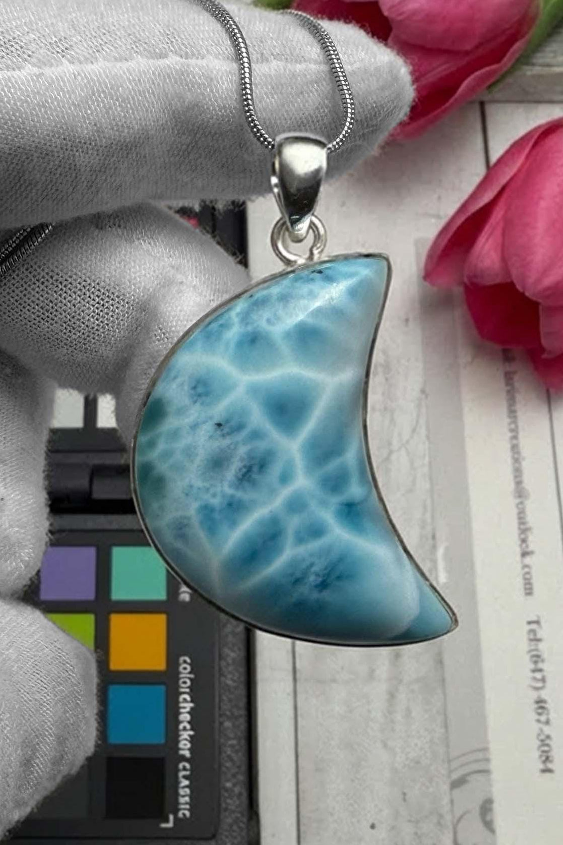 Large Larimar Moon Pendant Necklace - Larimar Creations