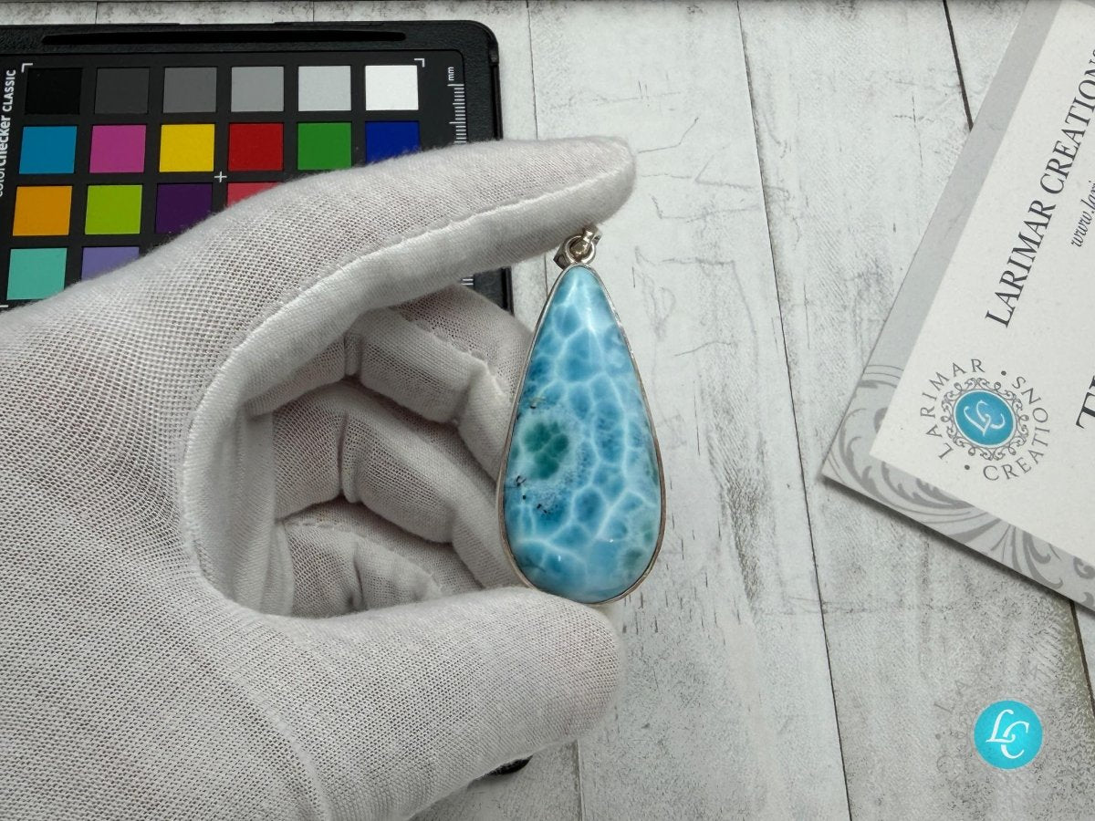 Large Larimar Teardrop Pendant Necklace | Sterling Silver - Larimar Creations