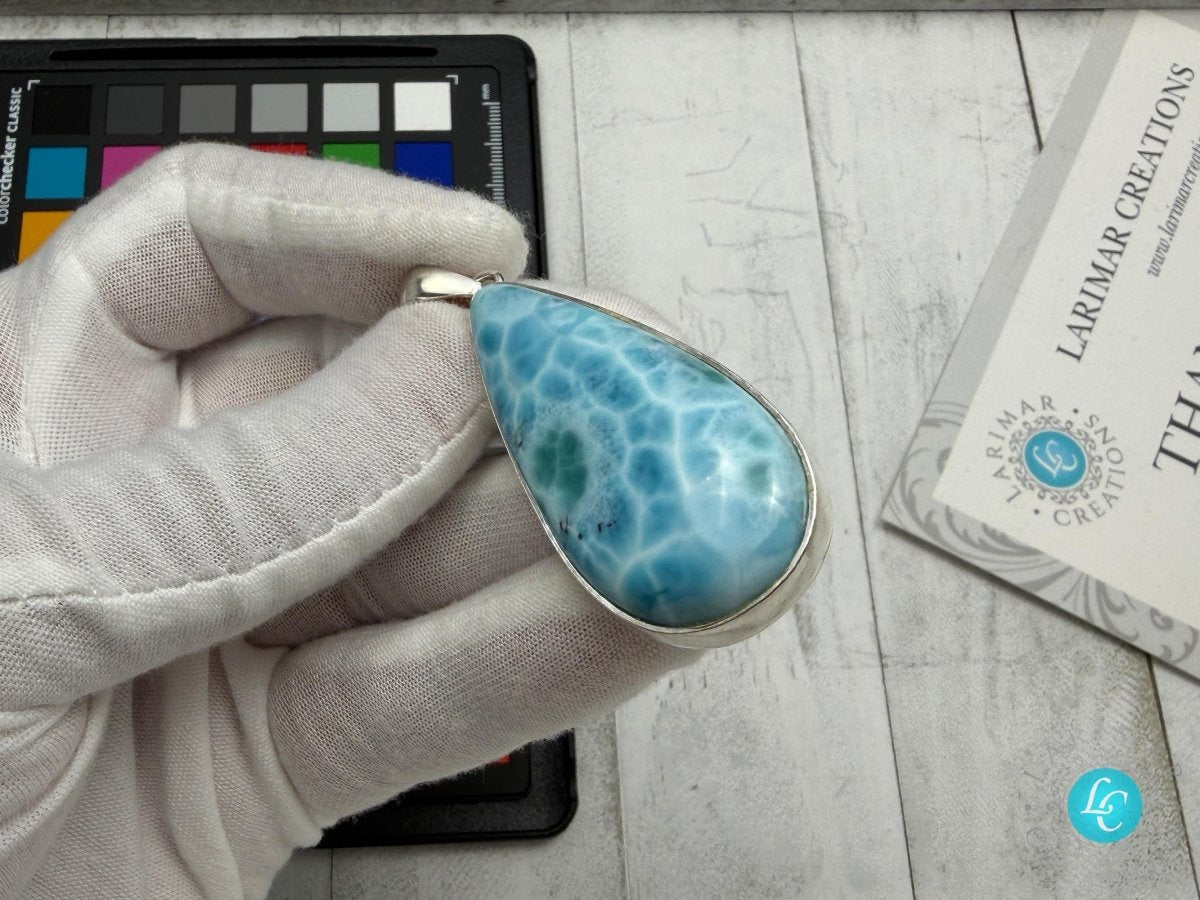 Large Larimar Teardrop Pendant Necklace | Sterling Silver - Larimar Creations