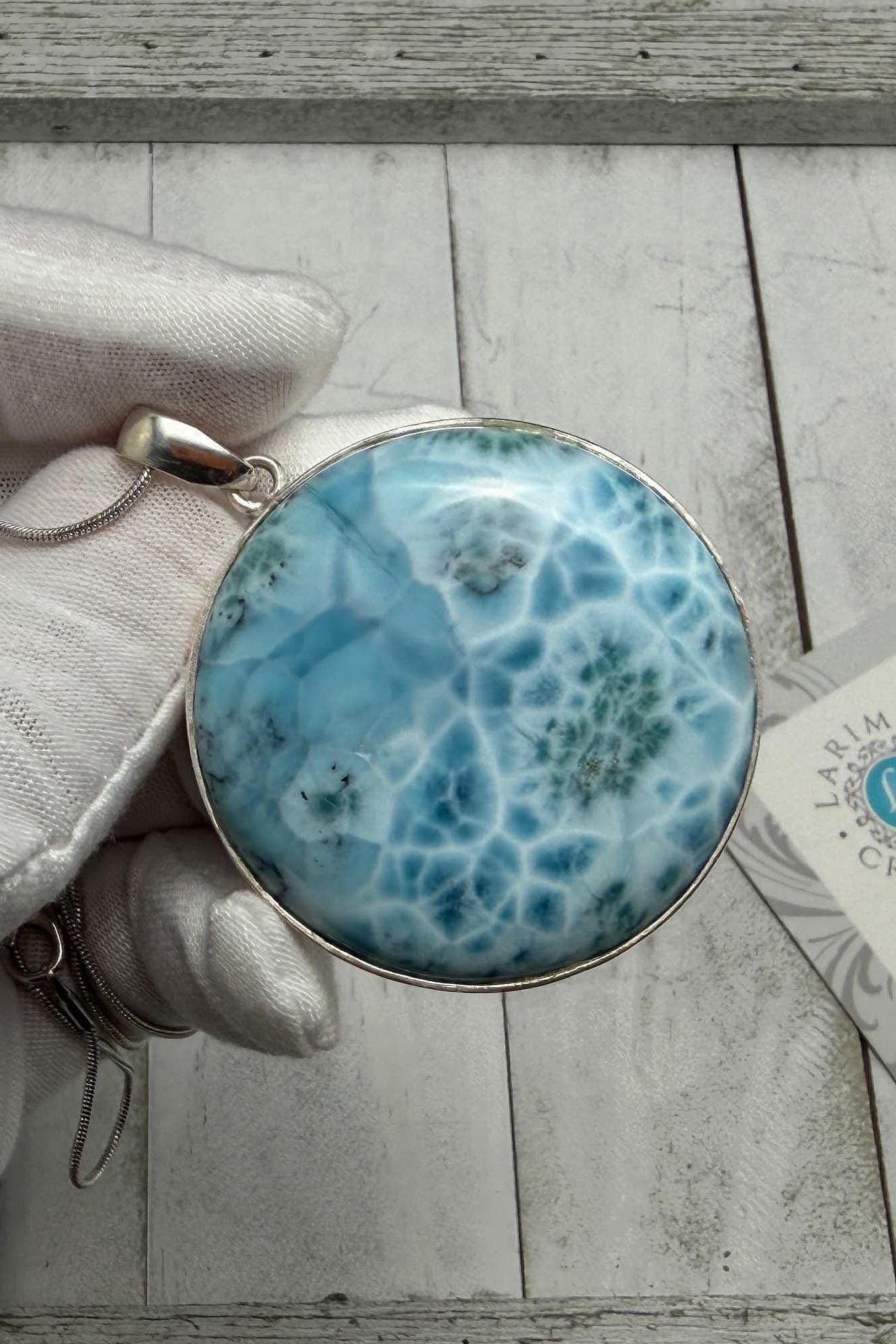 Large Round Larimar Pendant 925 Sterling Silver - Larimar Creations