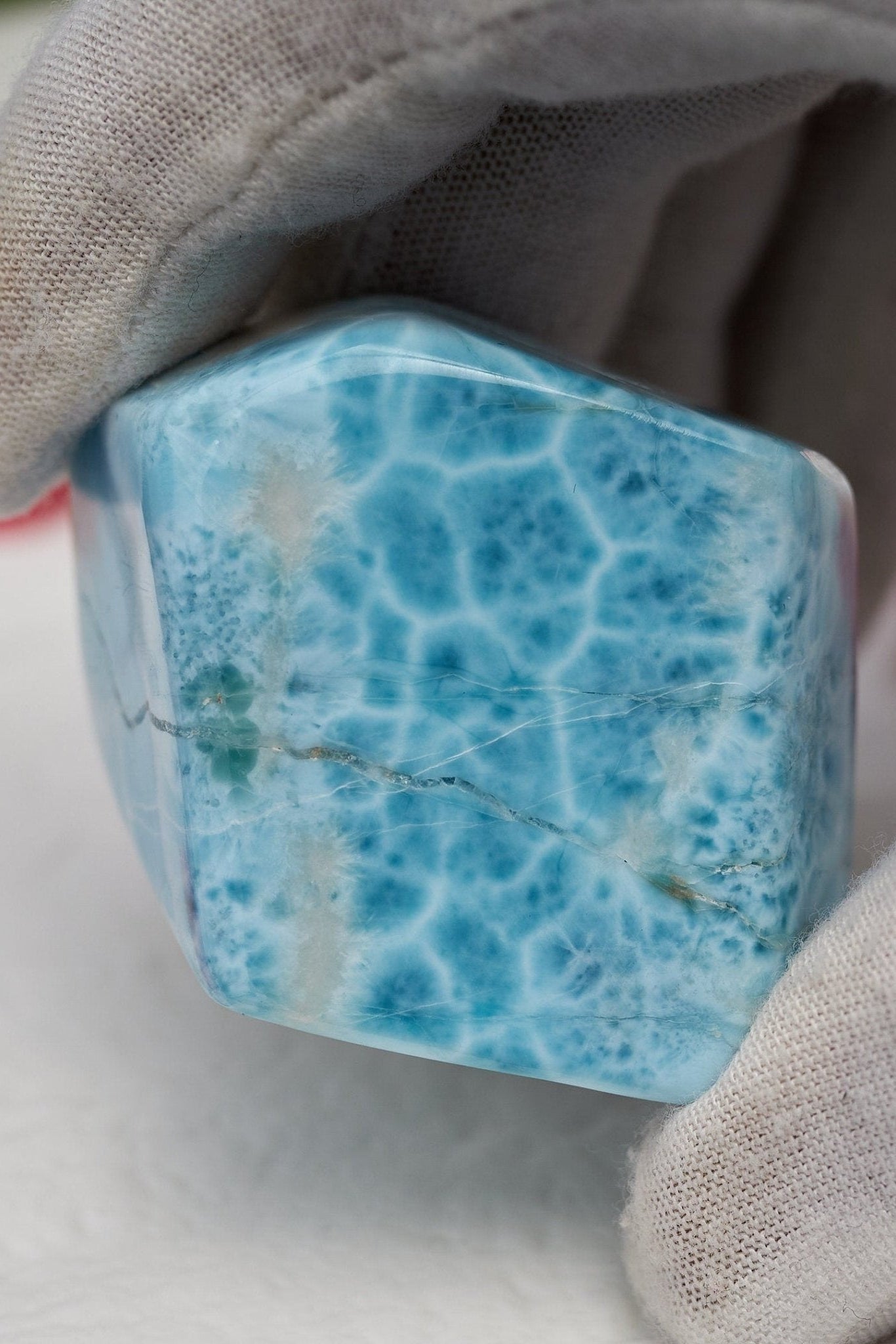 91.g Raw Larimar Big Cabochon all sides polished Larimar turtleback top quality authentic dominican larimar