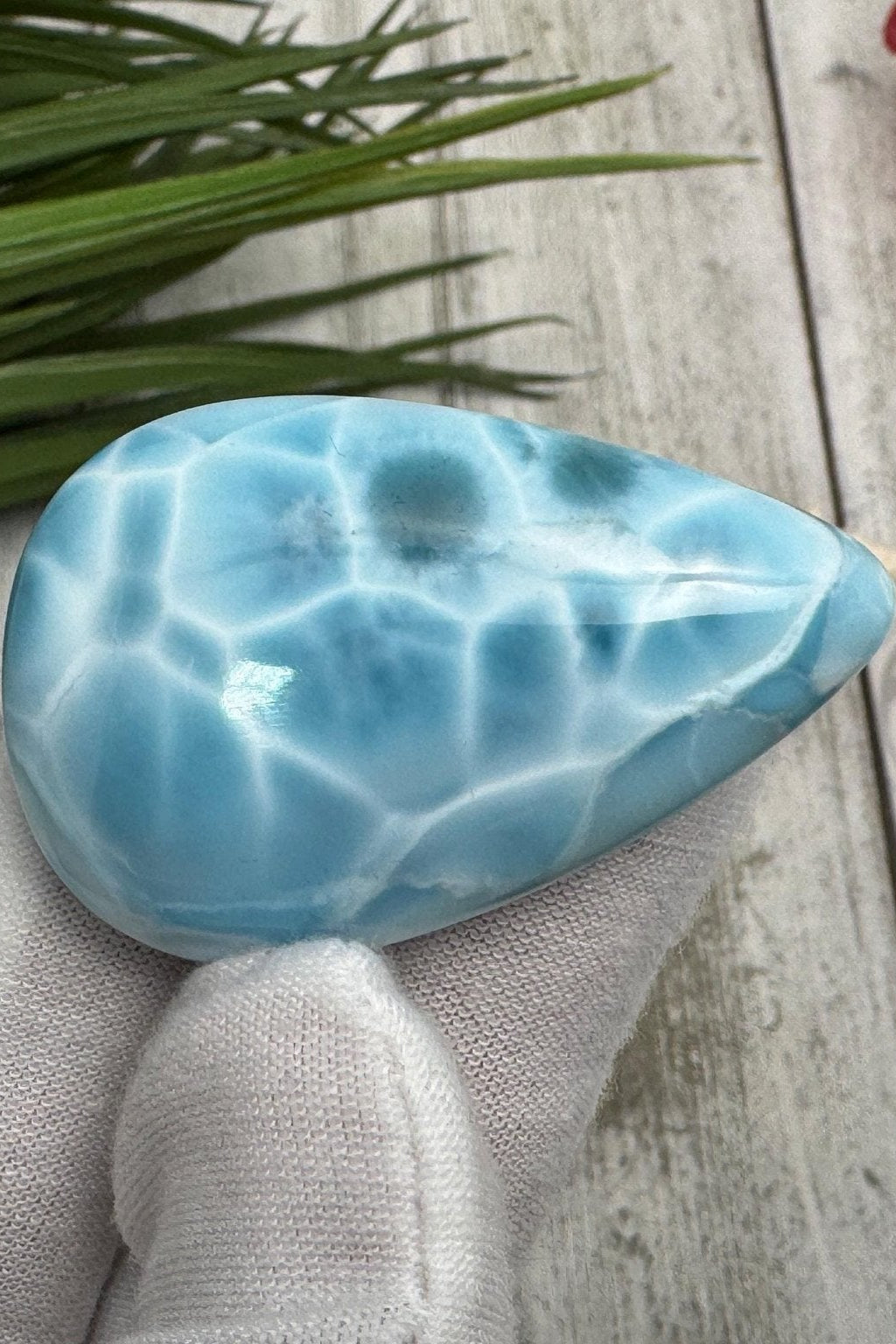 High-quality blue Larimar gemstone with ocean-like patterns, displayed in a white-gloved hand next to a branded