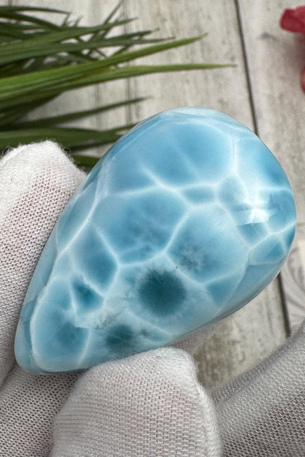 High-quality blue Larimar gemstone with ocean-like patterns, displayed in a white-gloved hand next to a branded