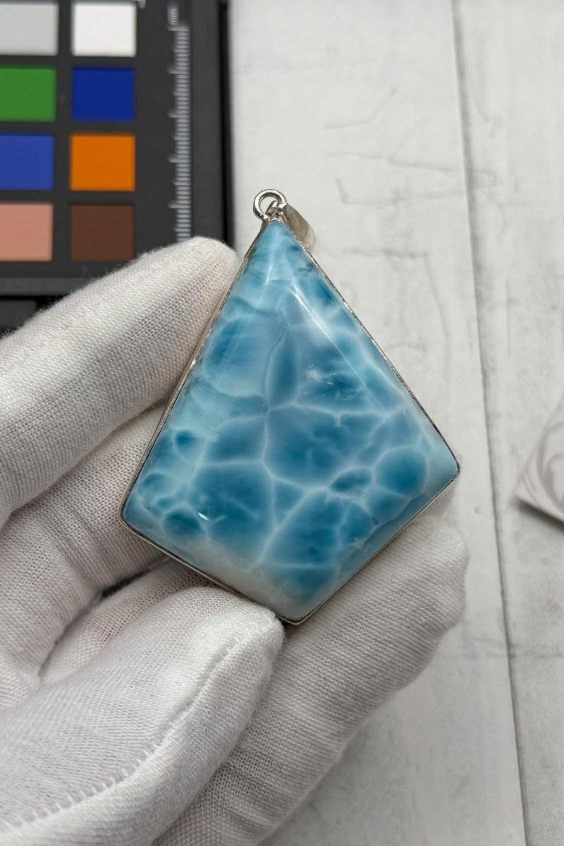 Larimar Pendant Extra Large 925 Sterling Silver diamond shape - Larimar Creations