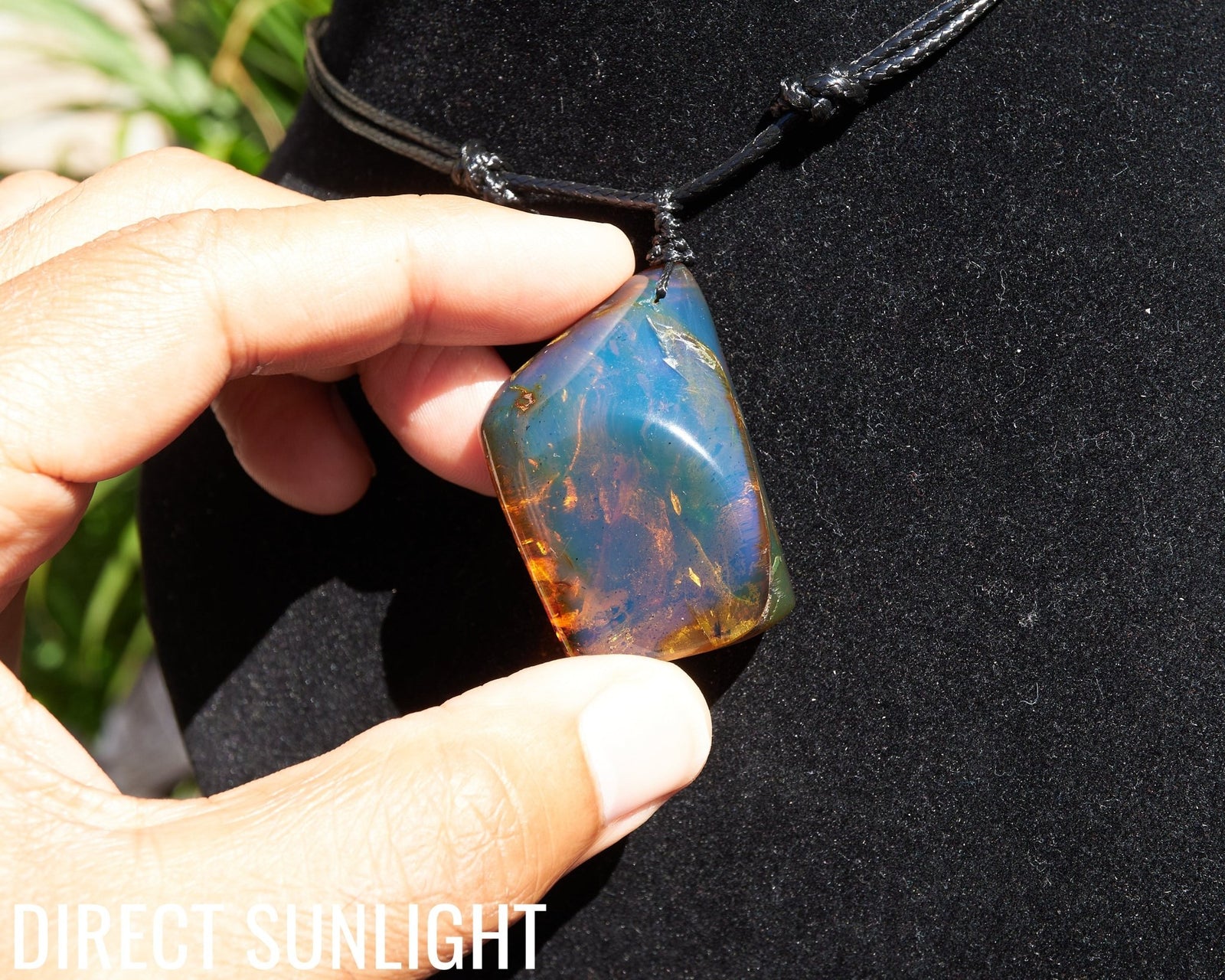 Blue Amber Dominican Cabochon Pendant Necklace with insects fossil - Larimar Creations
