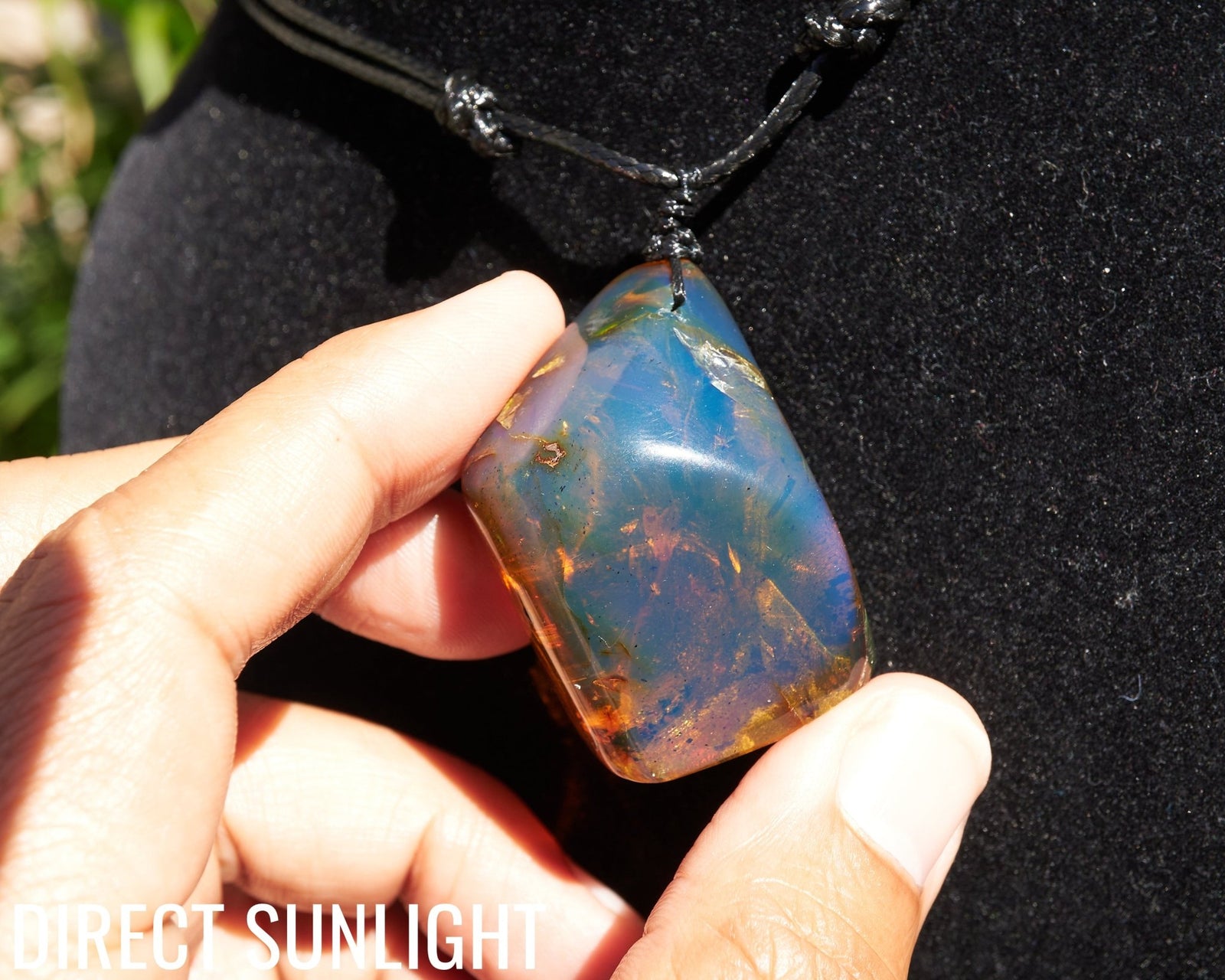 Blue Amber Dominican Cabochon Pendant Necklace with insects fossil - Larimar Creations