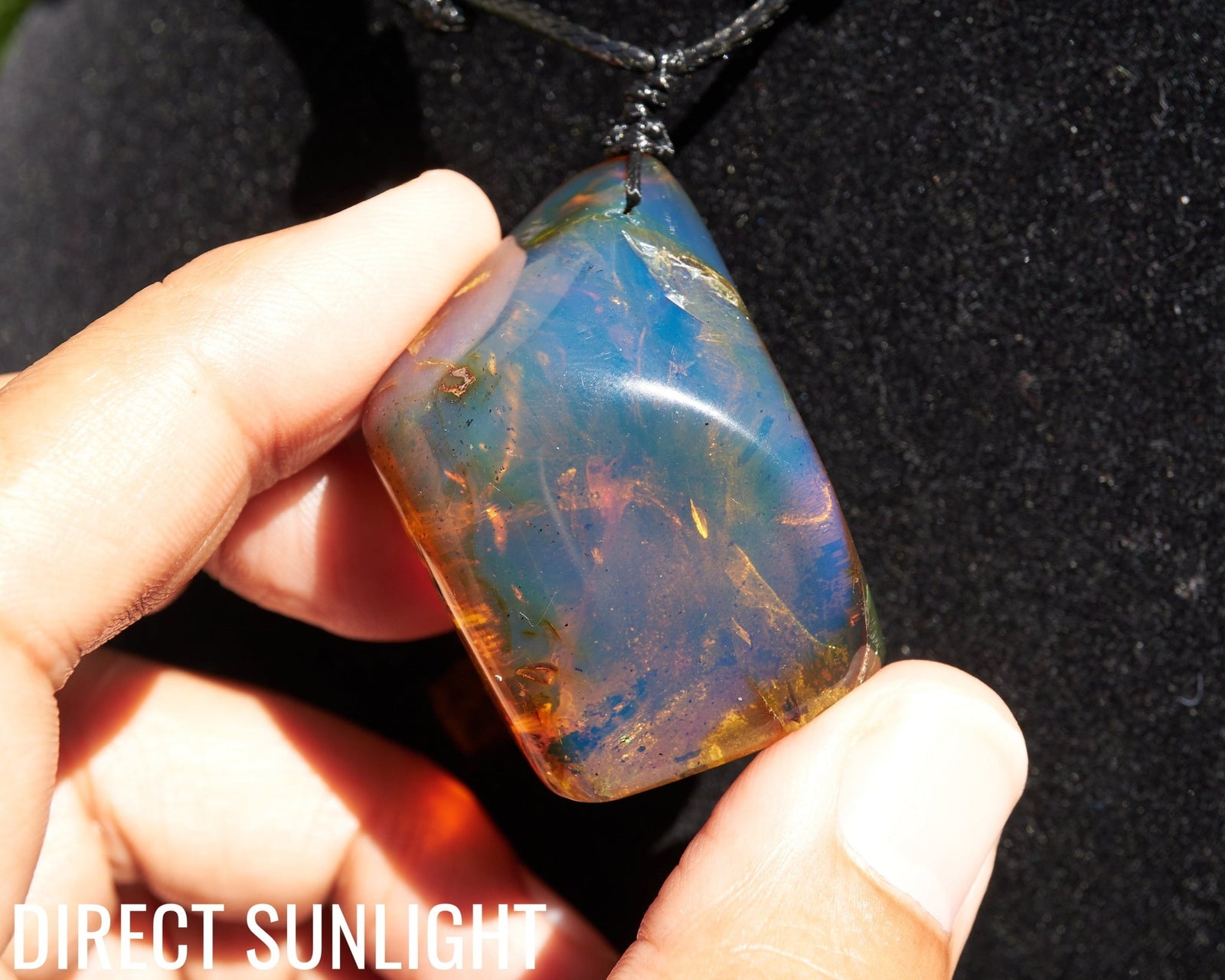 Blue Amber Dominican Cabochon Pendant Necklace with insects fossil - Larimar Creations