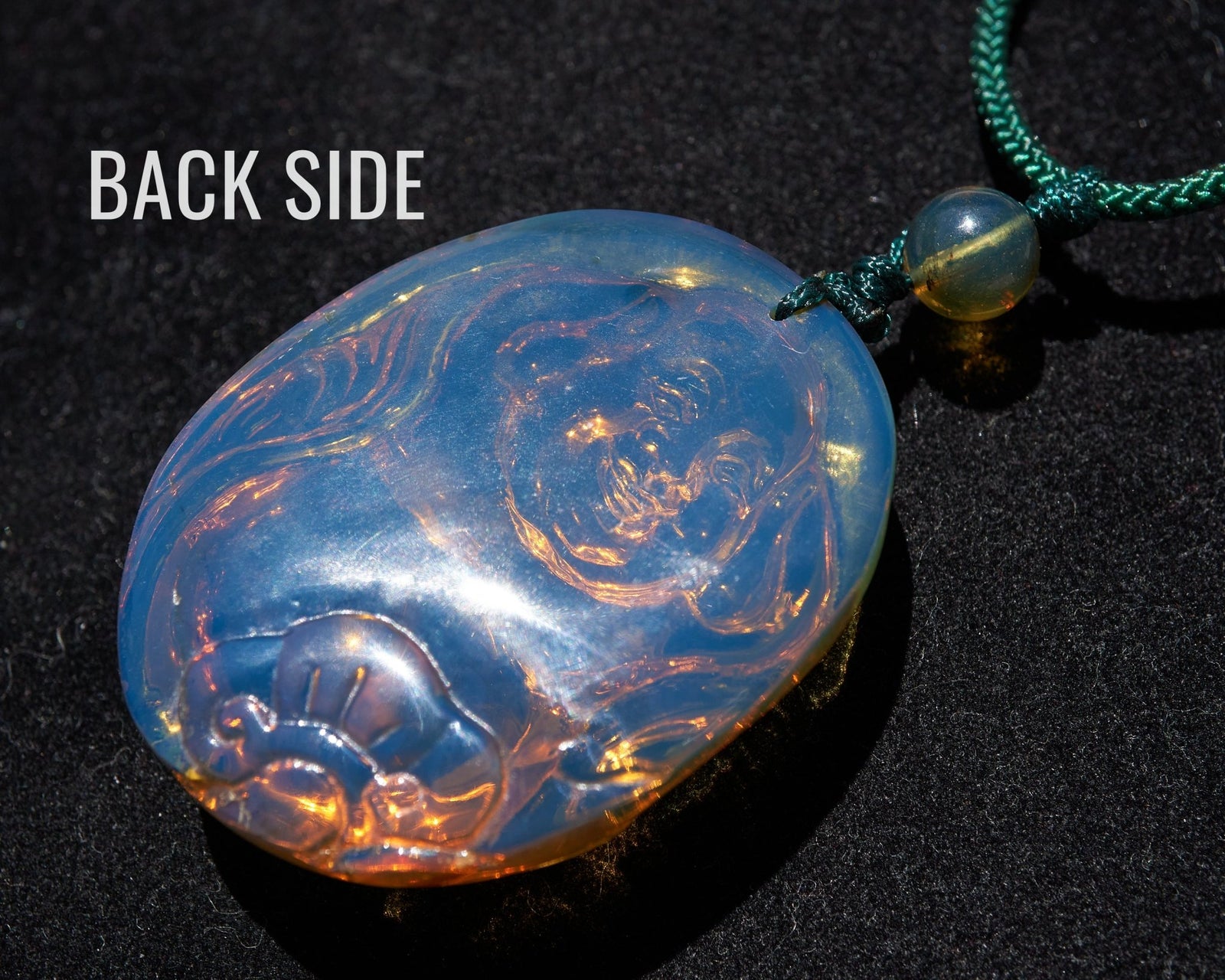 Blue Amber Dominican Happy Buddha Pendant Necklace - Larimar Creations