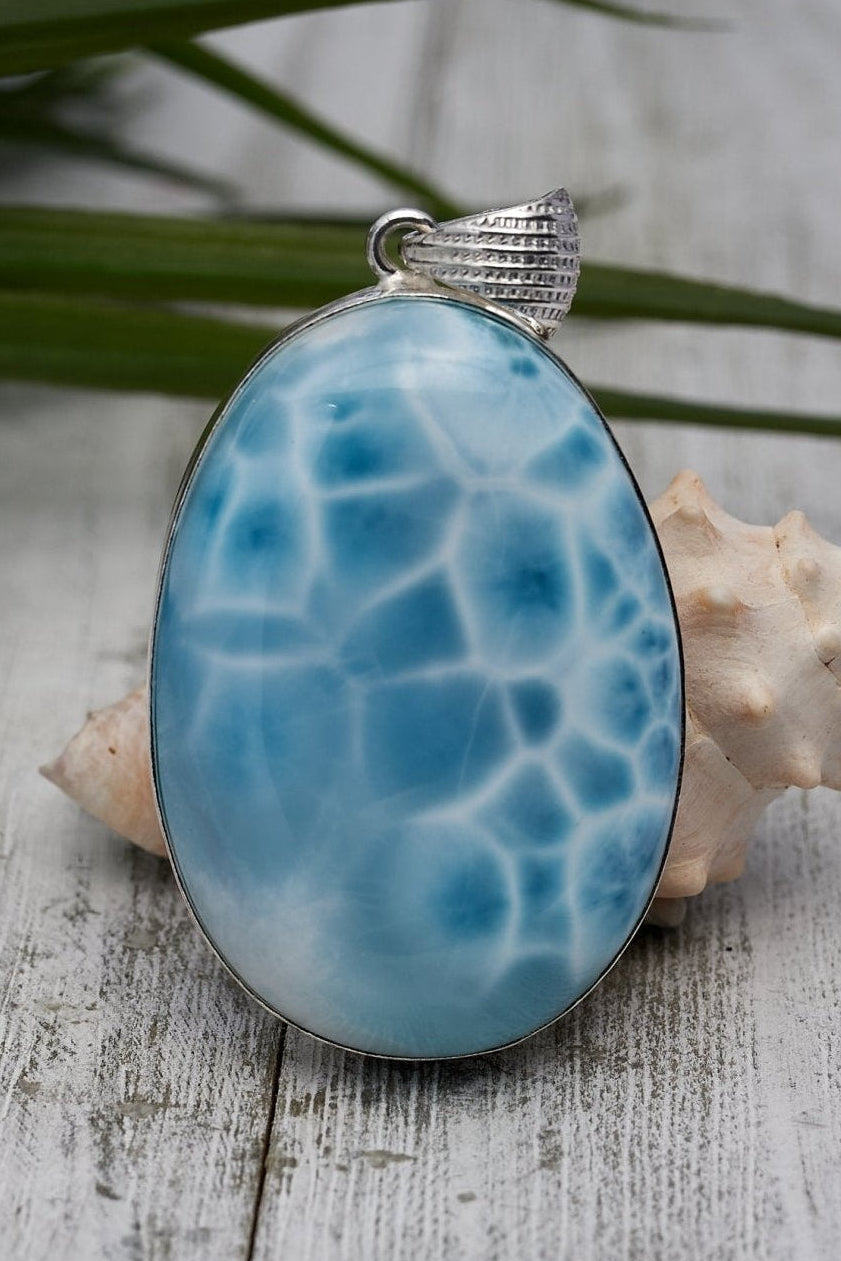 Larimar Pendant Big Oval Turtleback pattern AAA - Larimar Creations