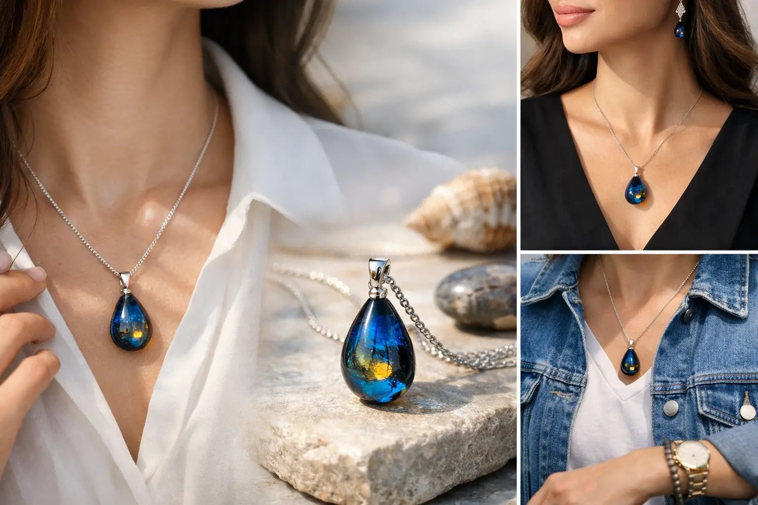 Blue Amber Pendant Styling Examples to Wear - Larimar Creations