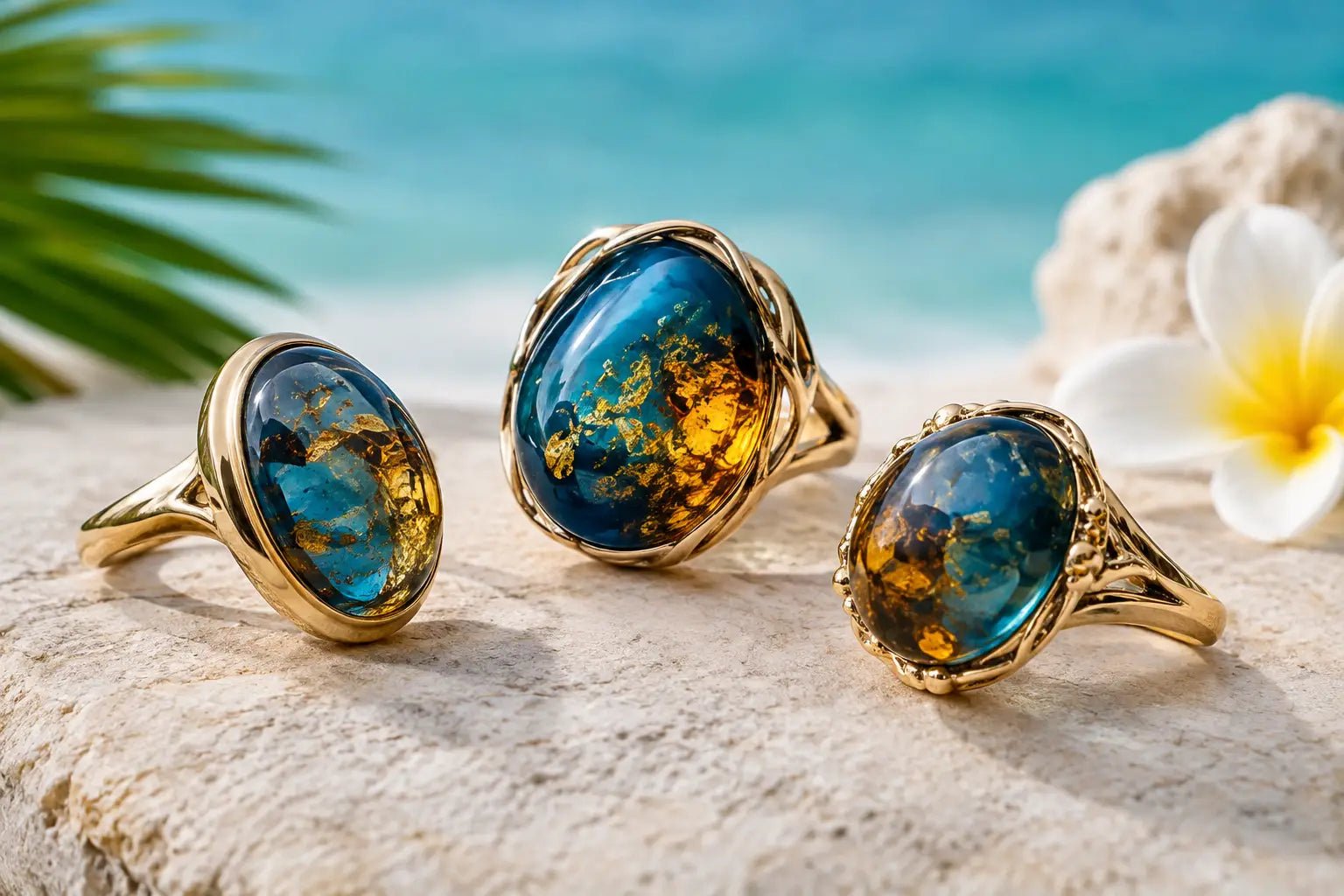 Blue Amber Statement Rings With Caribbean Fire - Larimar Creations