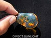 Close-up of a polished Dominican blue amber cabochon glowing under light.