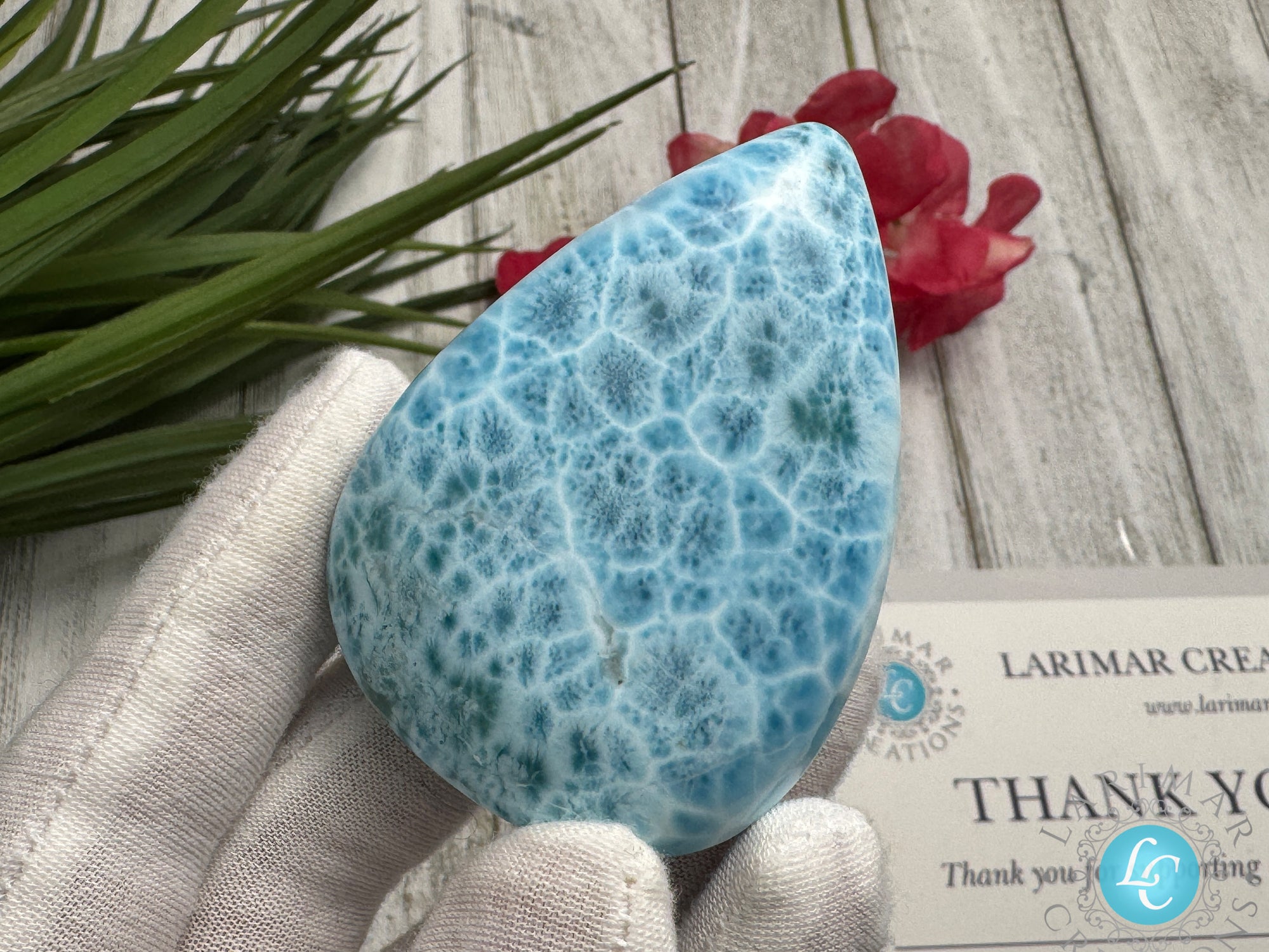 close up to a beautiful Larimar Cabochon 