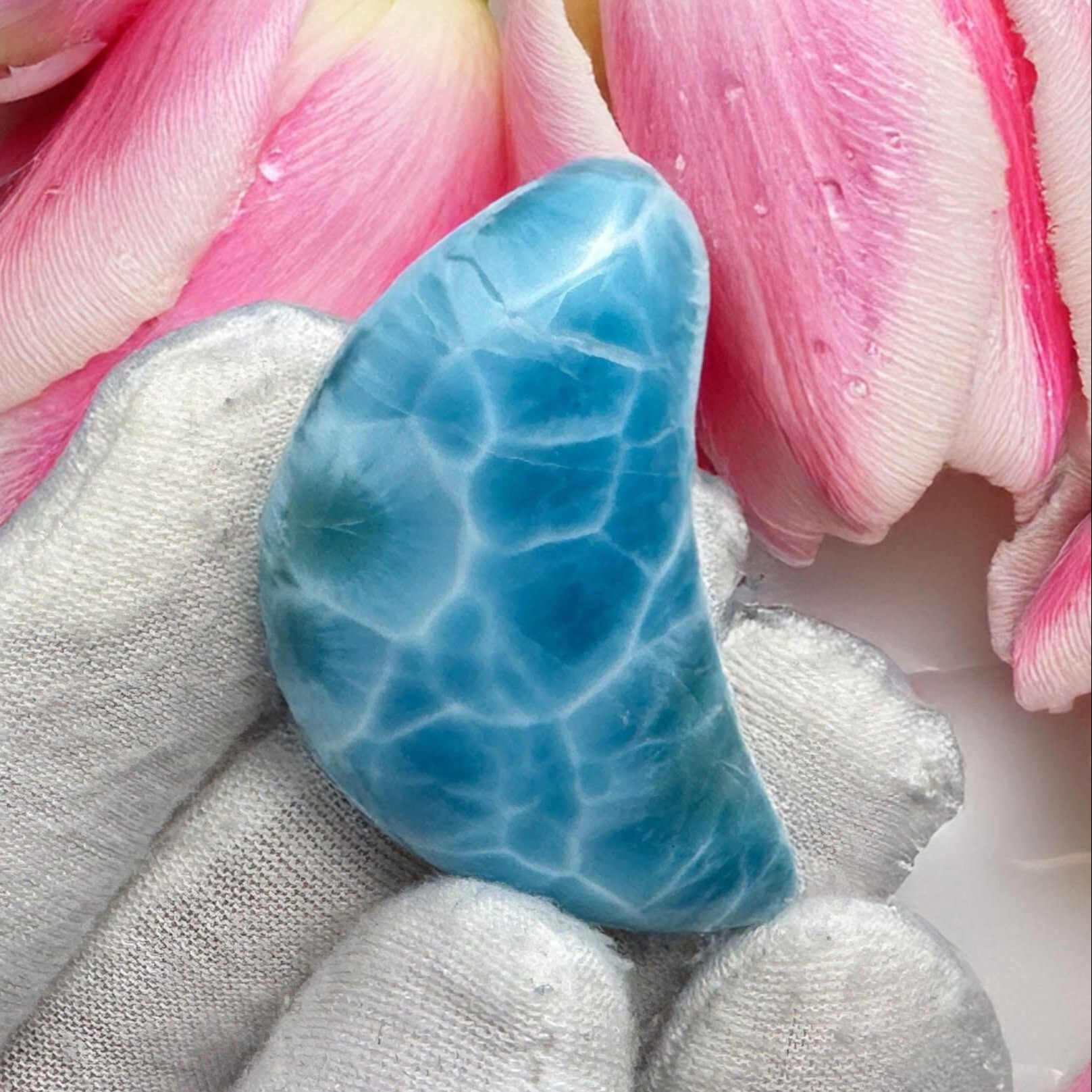 A Moon-shaped Larimar cabochon featuring a soft blue palette with gentle white inclusions, capturing the essence of a clear summer sky