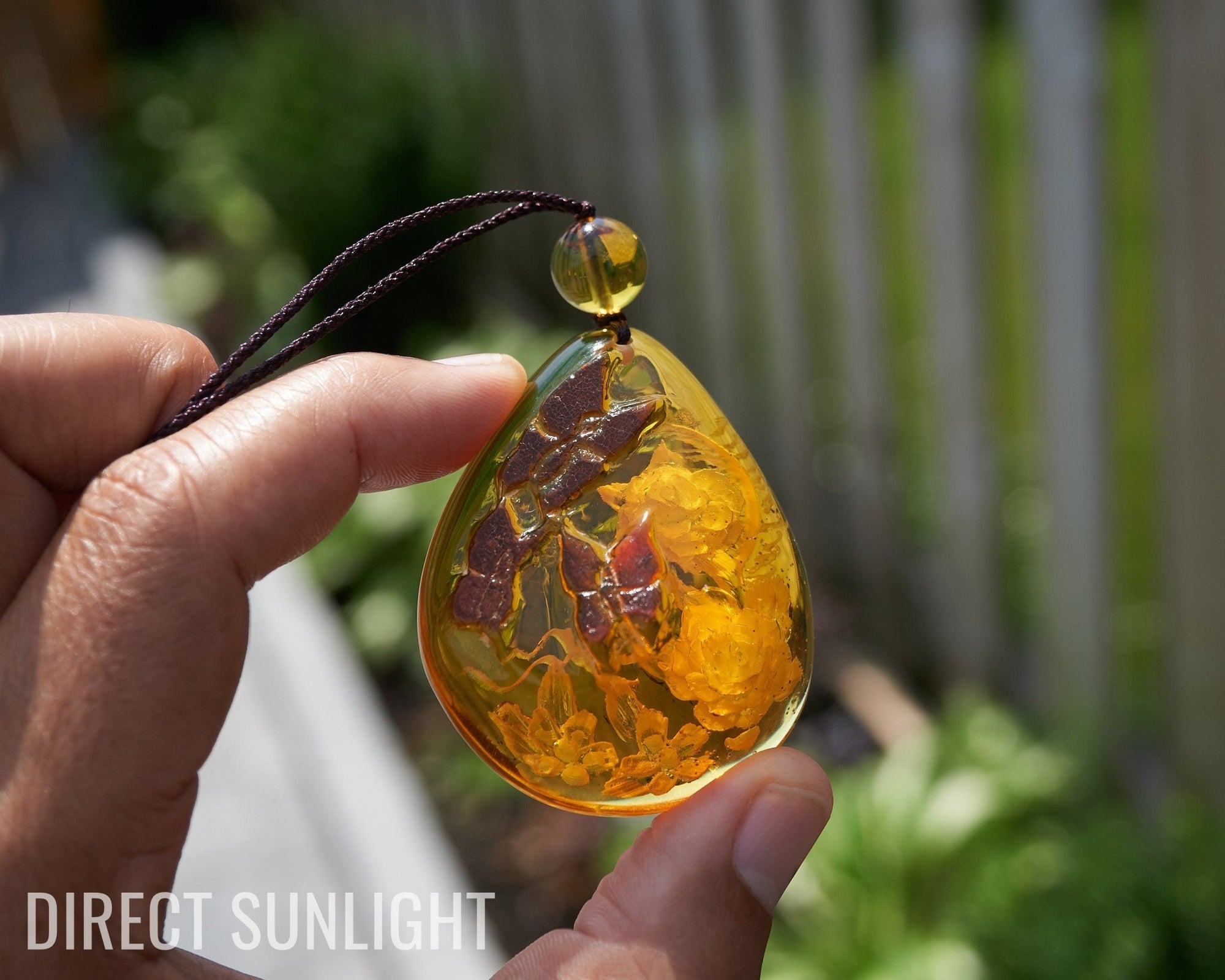 Amber Dominican Pendant Hand Carved 3d Flowers and Butterfly - Larimar Creations