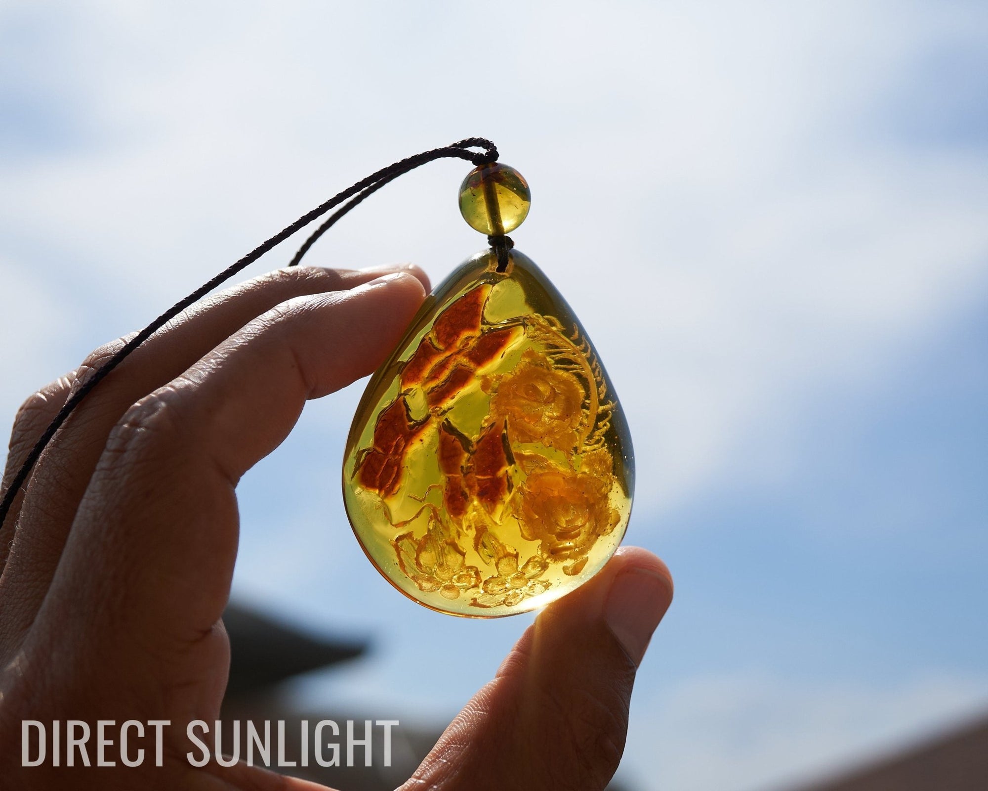 Amber Dominican Pendant Hand Carved 3d Flowers and Butterfly - Larimar Creations