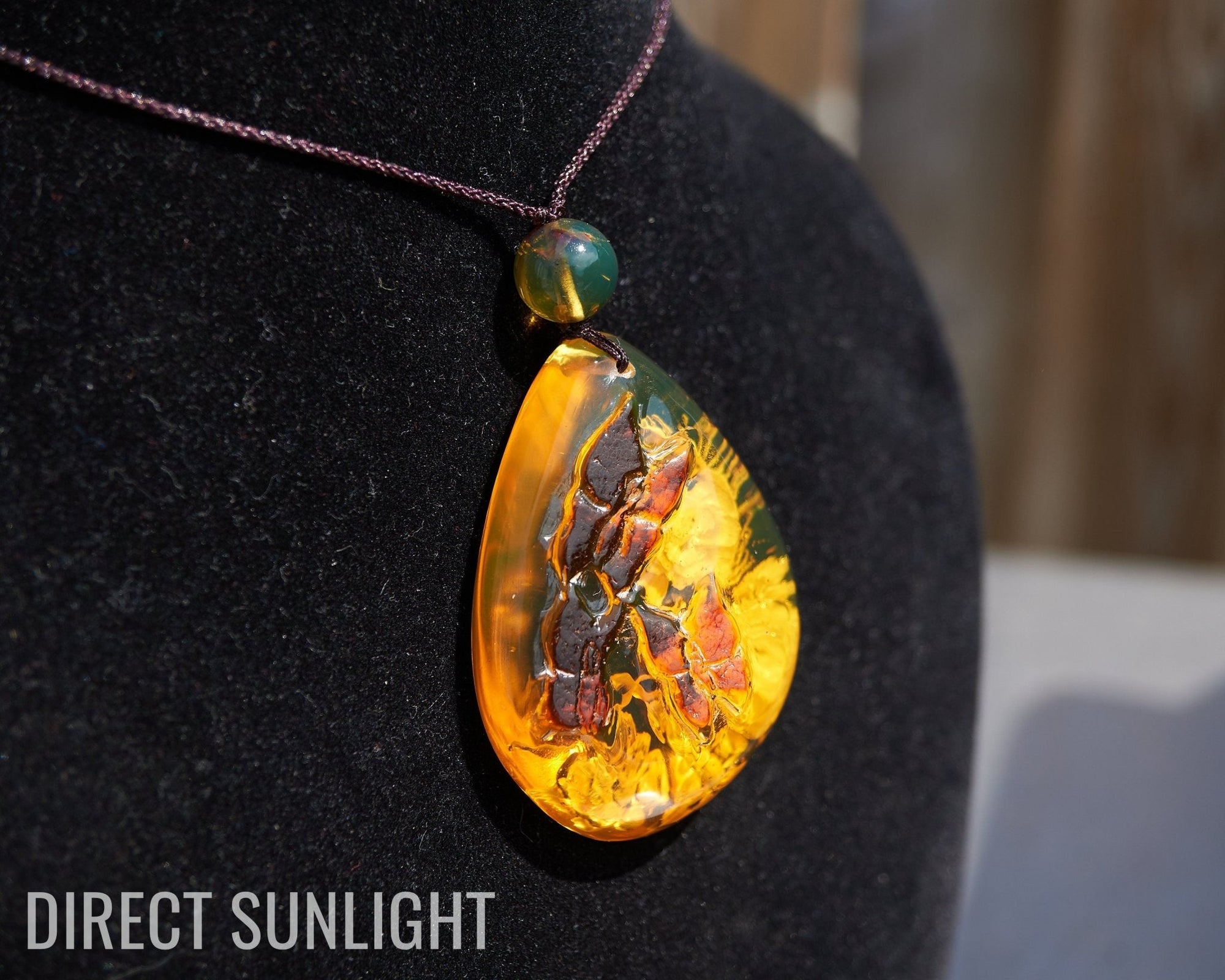 Amber Dominican Pendant Hand Carved 3d Flowers and Butterfly - Larimar Creations