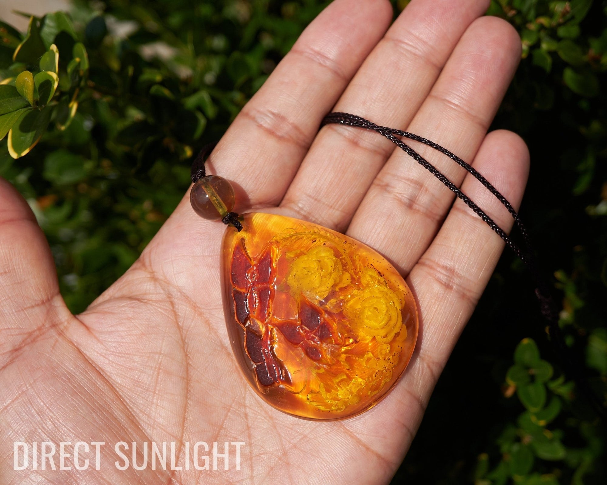 Amber Dominican Pendant Hand Carved 3d Flowers and Butterfly - Larimar Creations