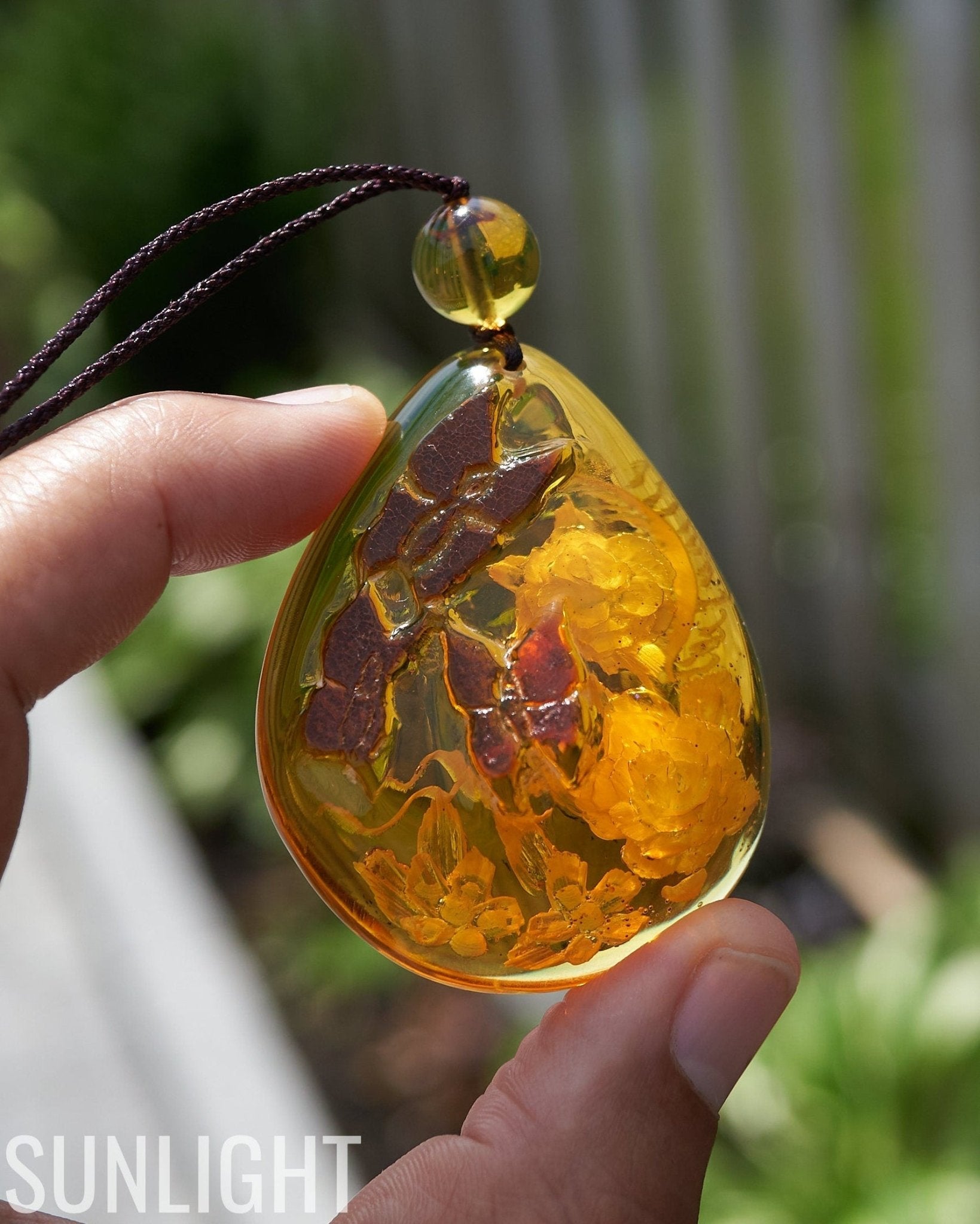 Amber Dominican Pendant Hand Carved 3d Flowers and Butterfly - Larimar Creations