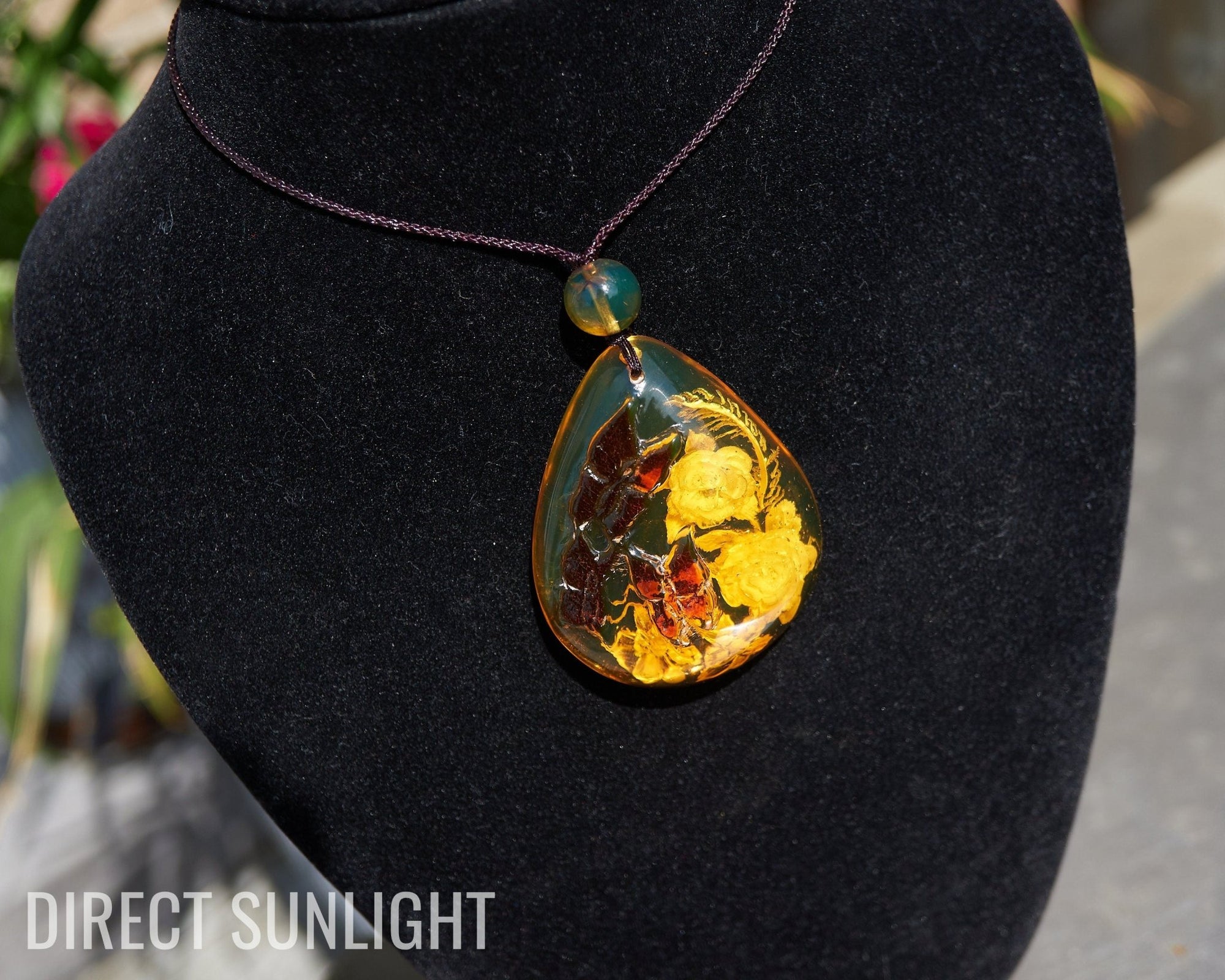 Amber Dominican Pendant Hand Carved 3d Flowers and Butterfly - Larimar Creations