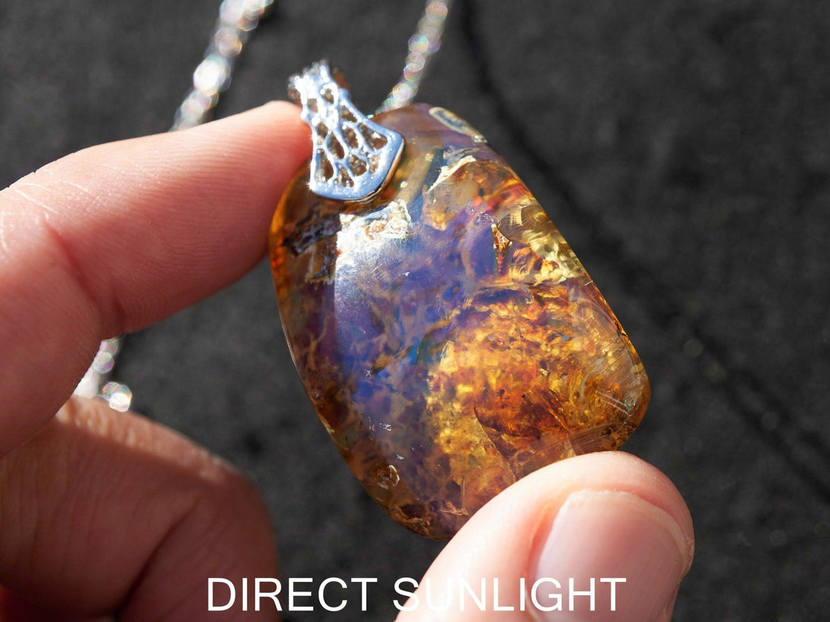 Authentic Dominican Blue Amber Cabochon Pendant | Silver - Larimar Creations