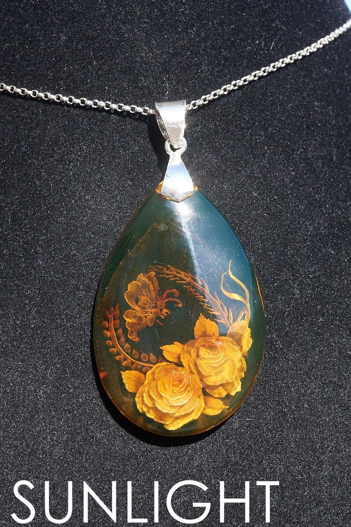 Authentic Dominican Green Amber Flower Pendant | 13.8 g Carving - Larimar Creations
